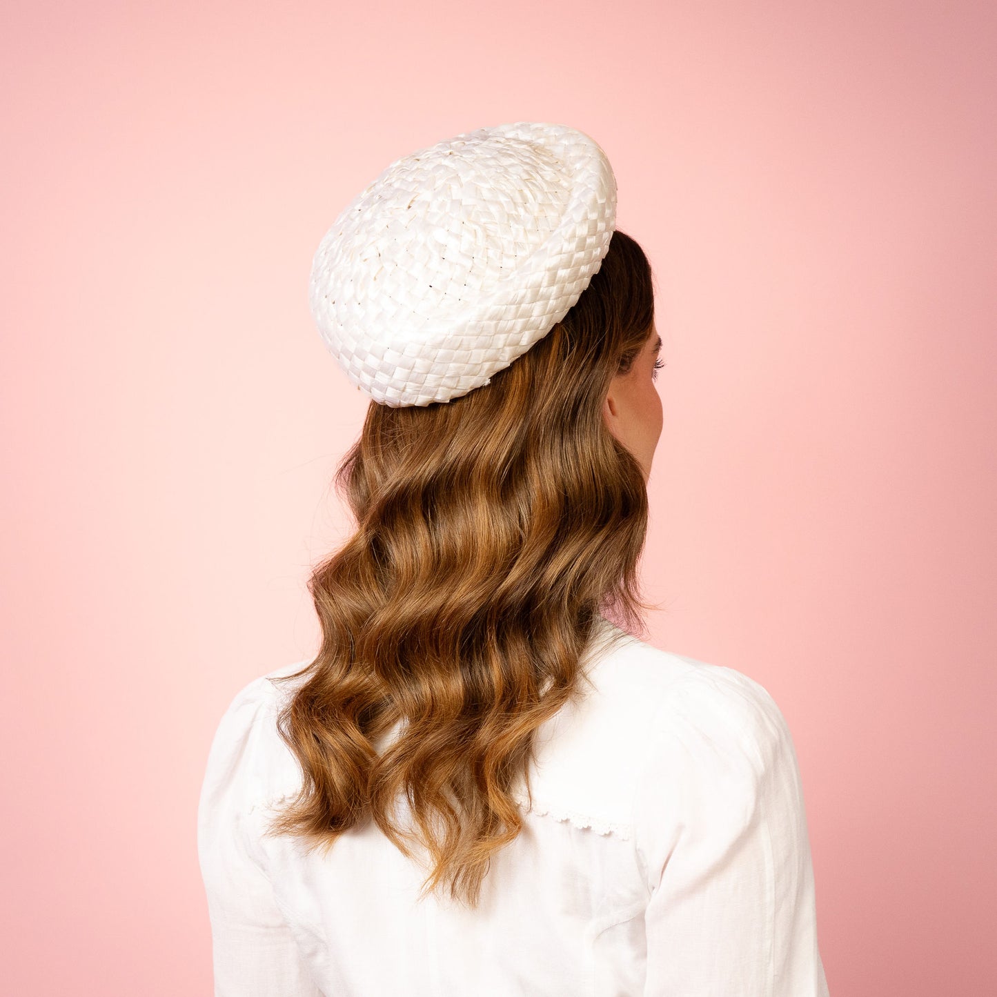 Joan Shaped Pillbox in white vintage straw Spring Racing Headpiece
