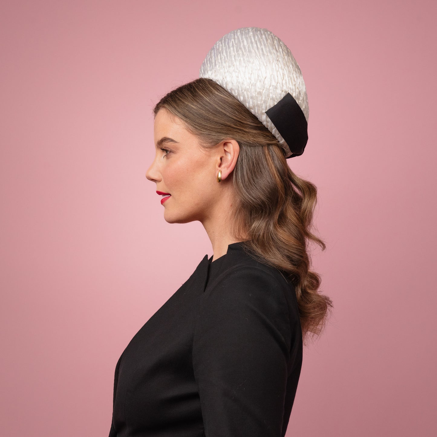 Kate Pillbox in White Vintage Straw with Black Petersham Bow Spring Racewear Headpiece