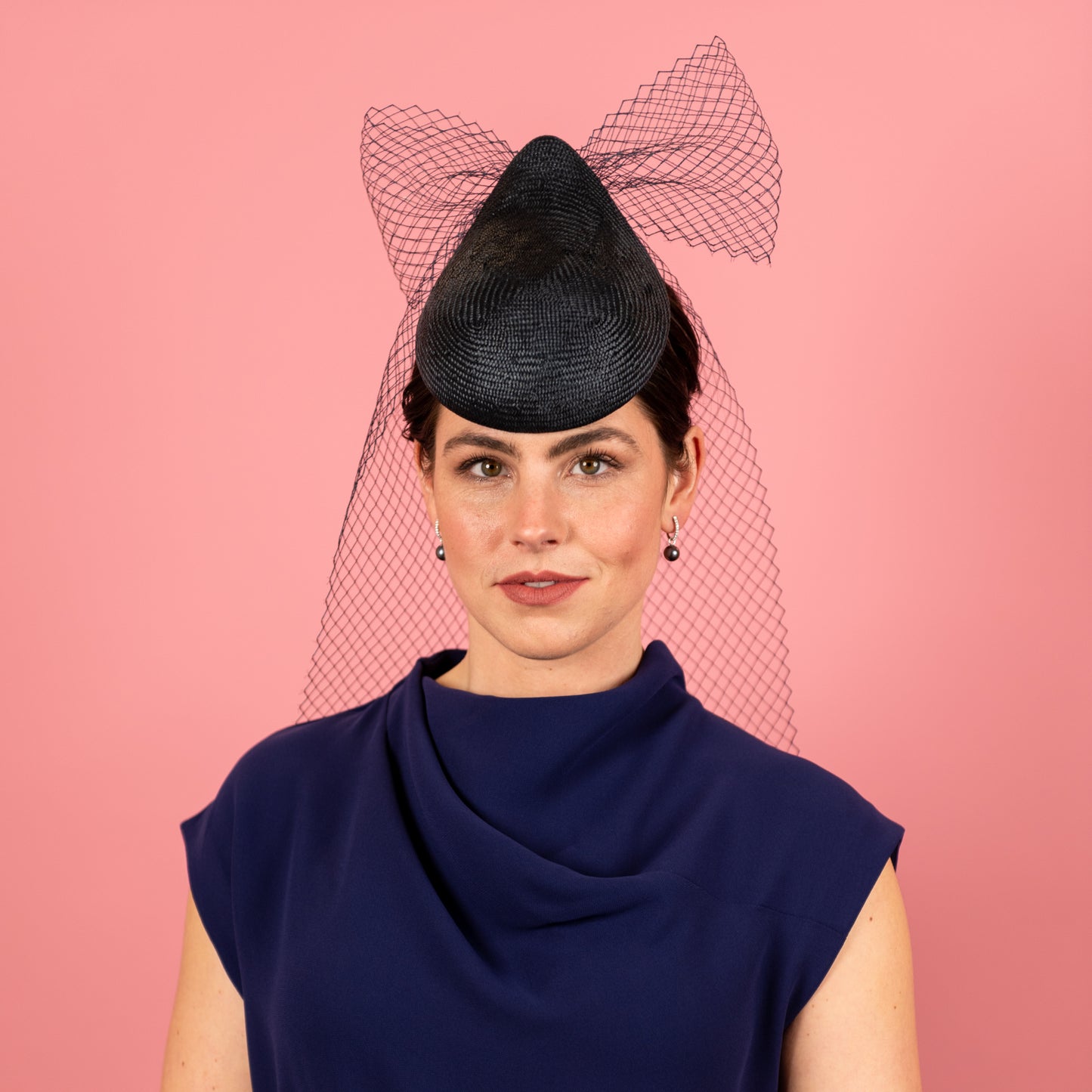 Kennedy Straw Button with vintage veiling bow in navy