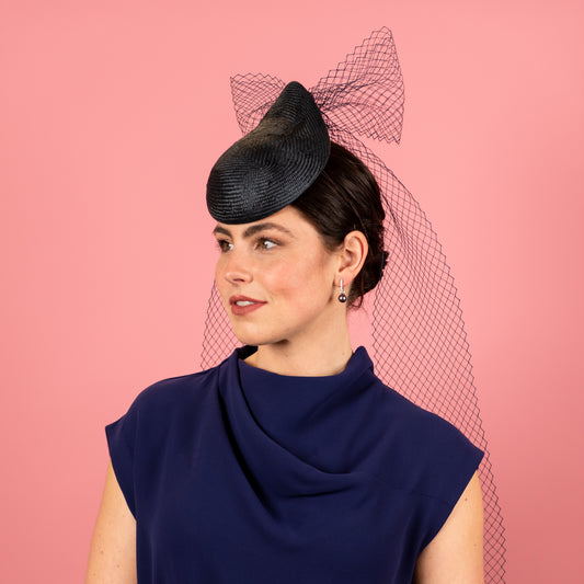 Kennedy Straw Button Percher Headpiece with vintage veiling bow in navy
