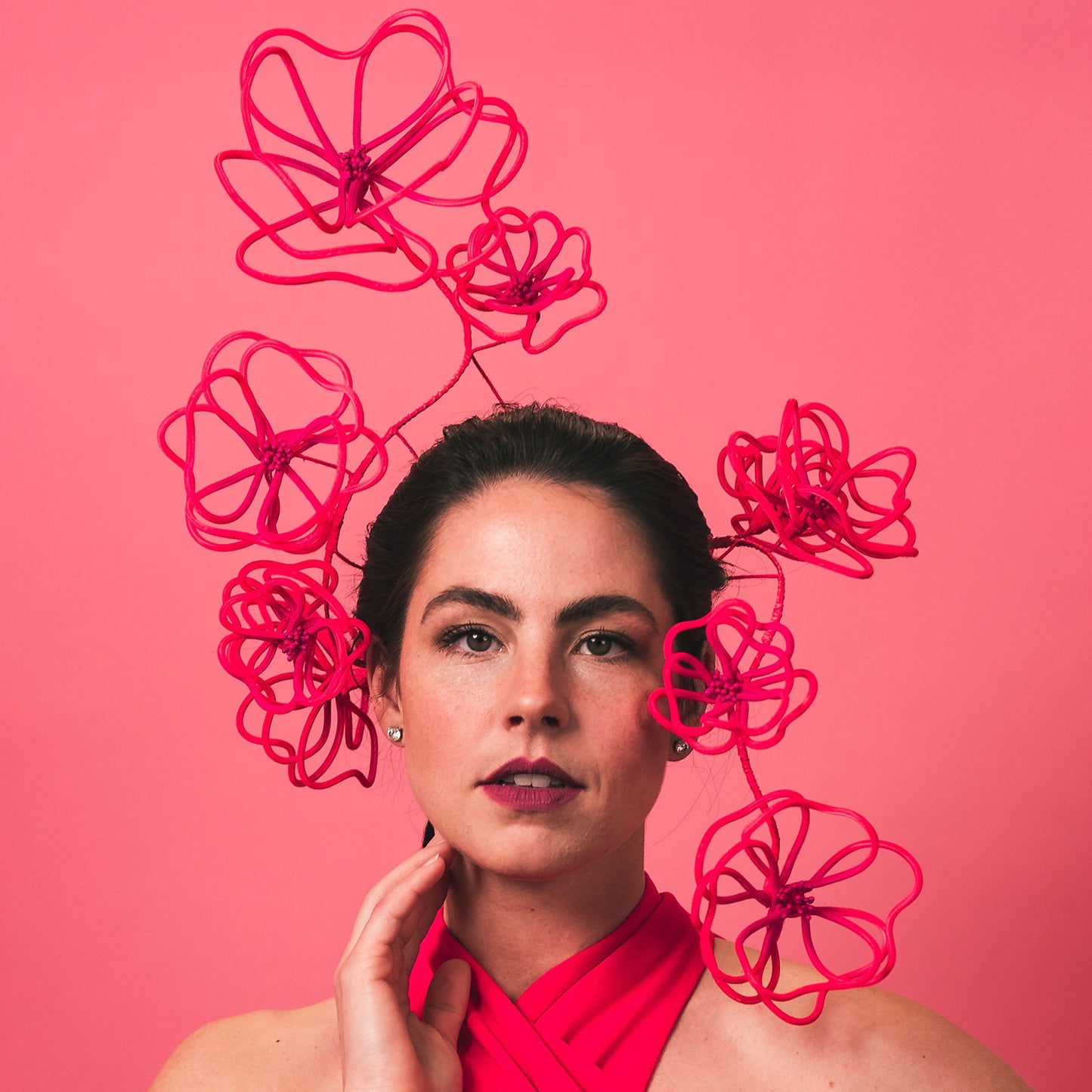 Prancing Peonies Magenta wire flower millinery headpiece