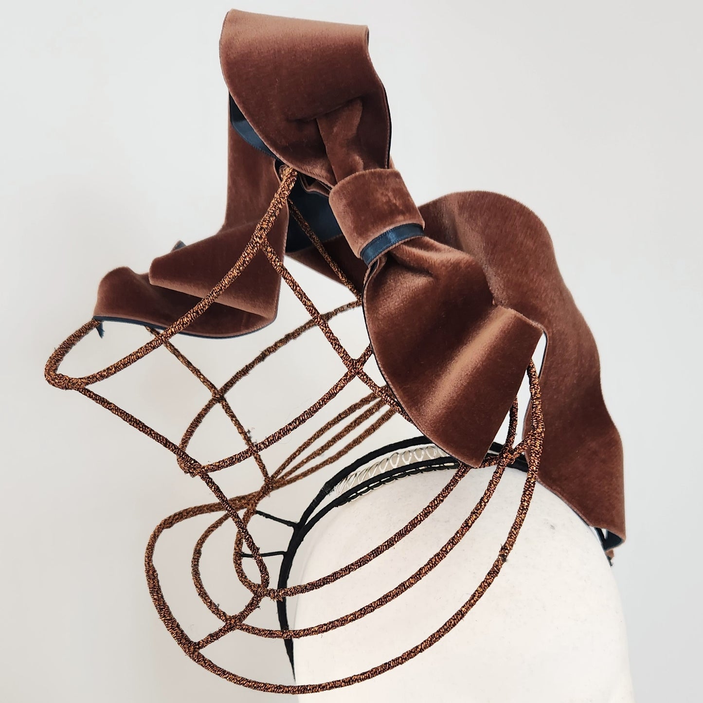 Lewis Wonderland Wire Top hat with draped bow in Bronze and Green