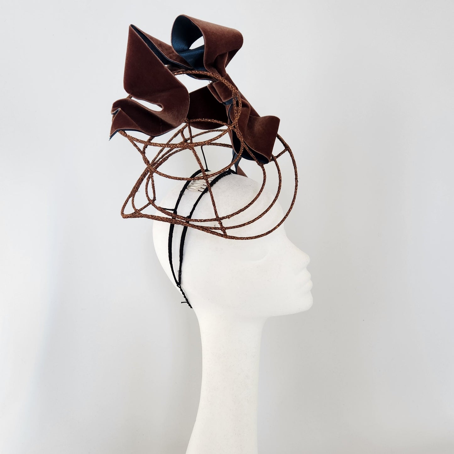 Lewis Wonderland Wire Top hat with draped bow in Bronze and Green