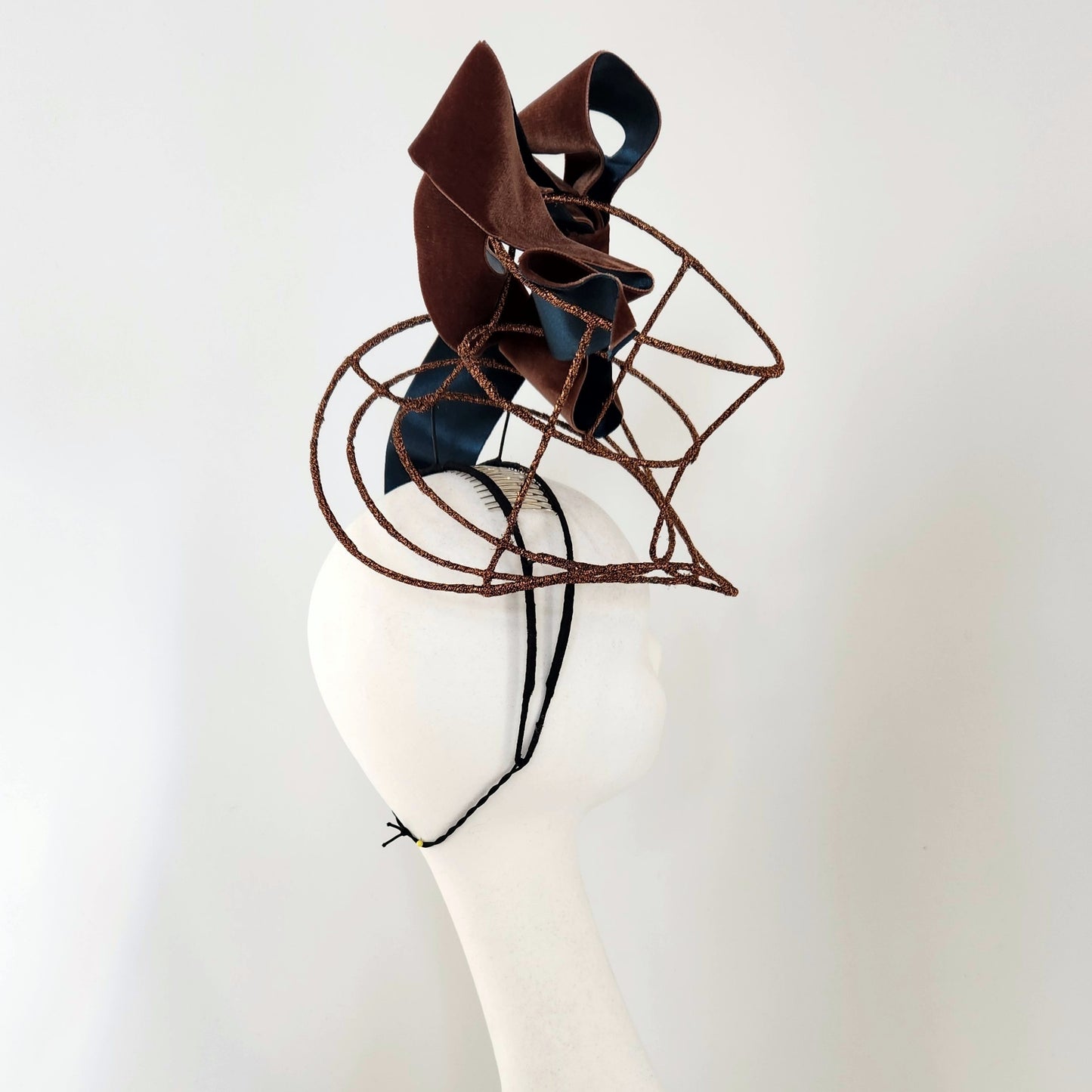 Lewis Wonderland Wire Top hat with draped bow in Bronze and Green
