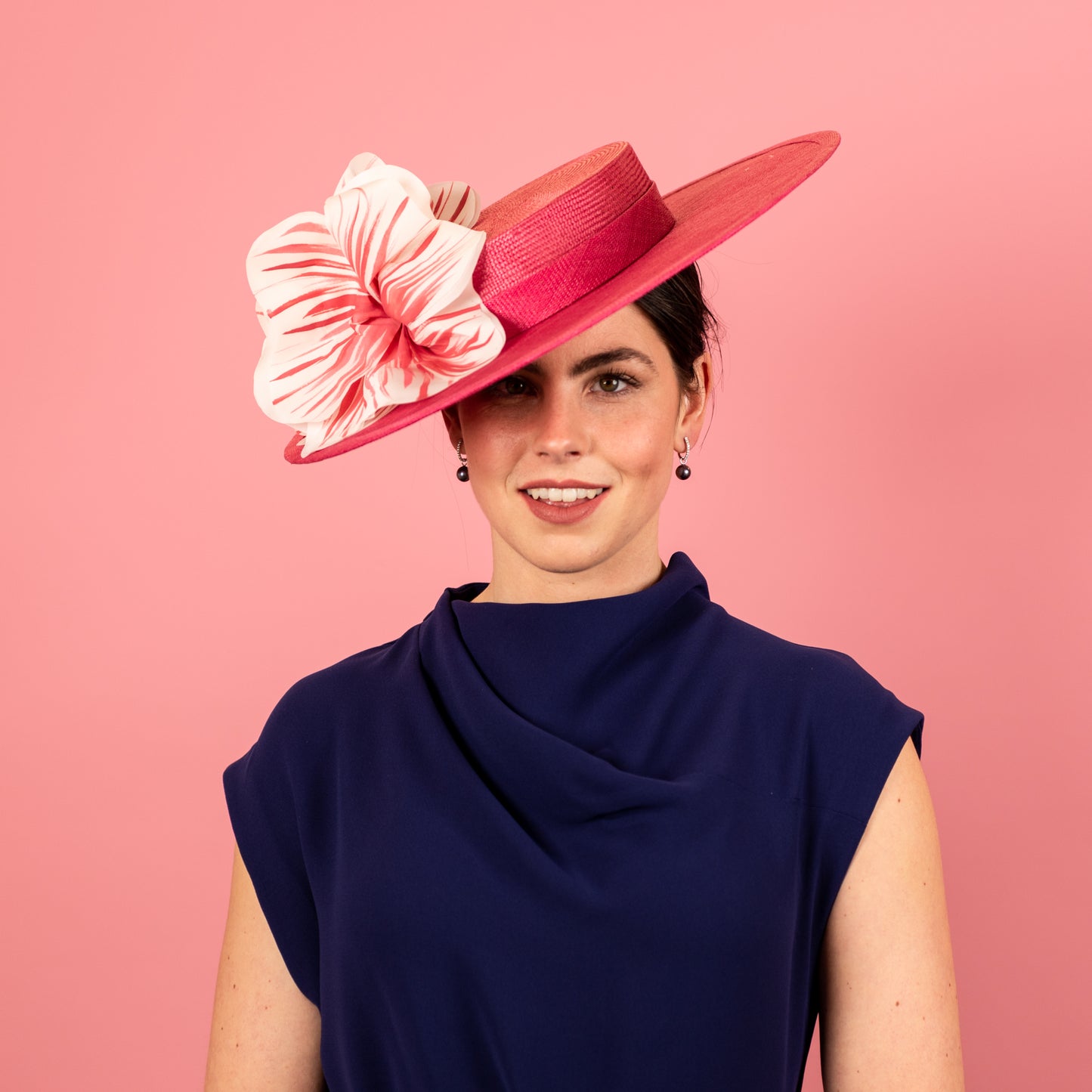 Lola Straw Boater with Silk Poppy Flowers in Pink