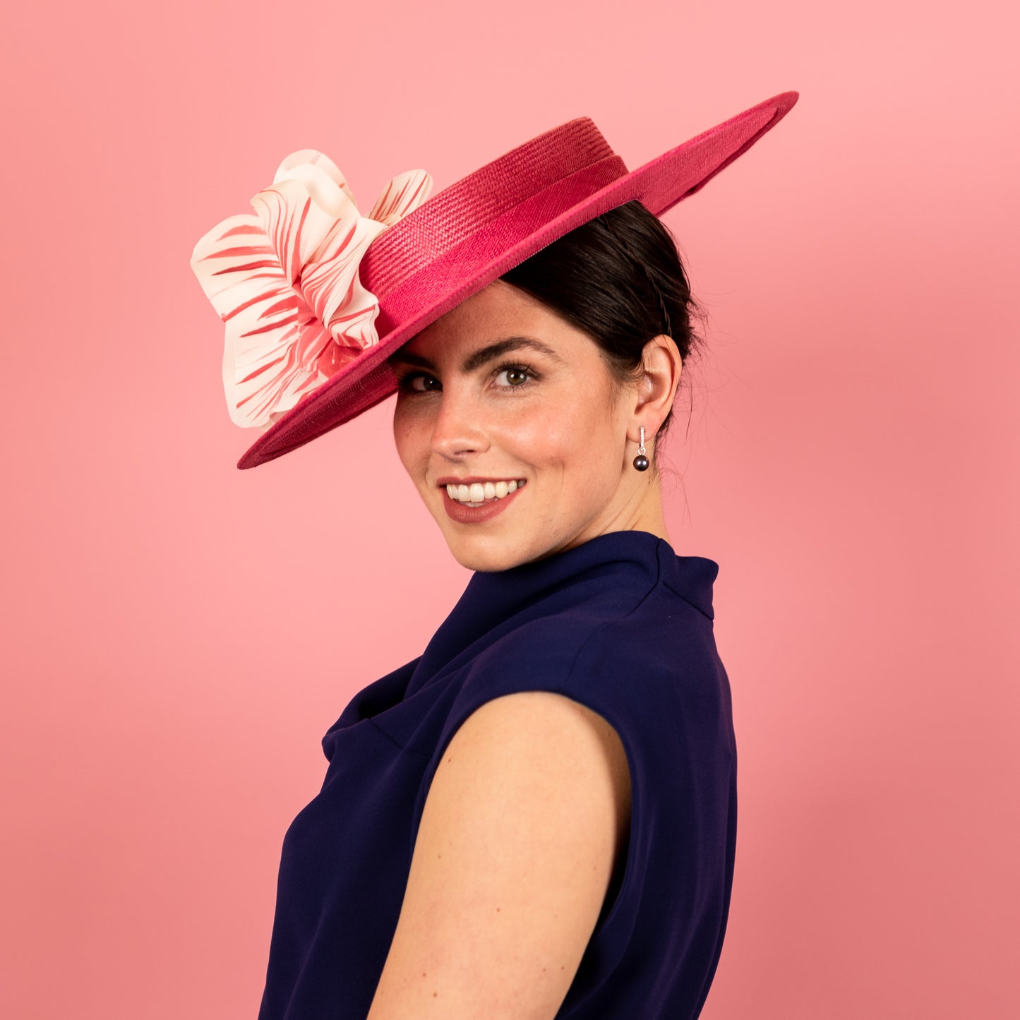 Lola Straw Boater with Silk Poppy Flowers in Pink