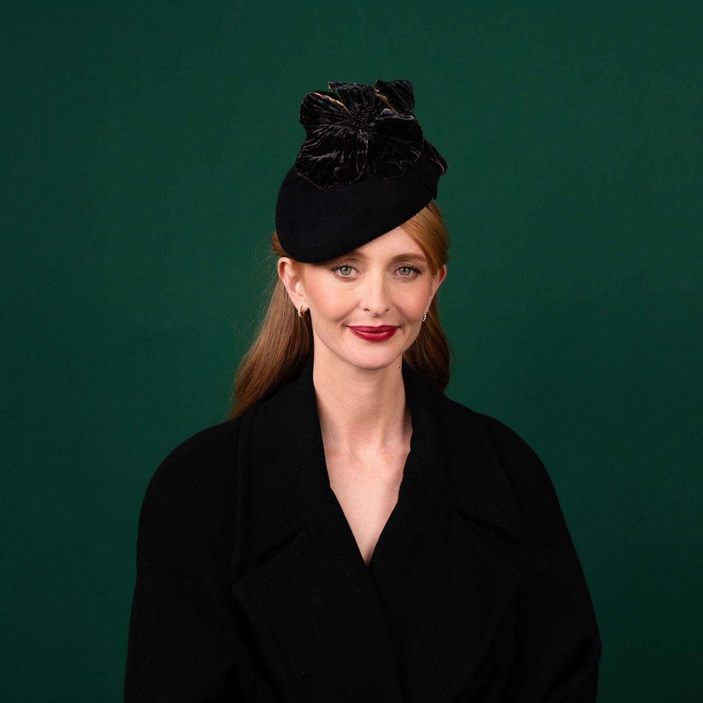 McLean Black Felt Beret with Black and Gold Velvet Flowers Winter Racewear Headpiece
