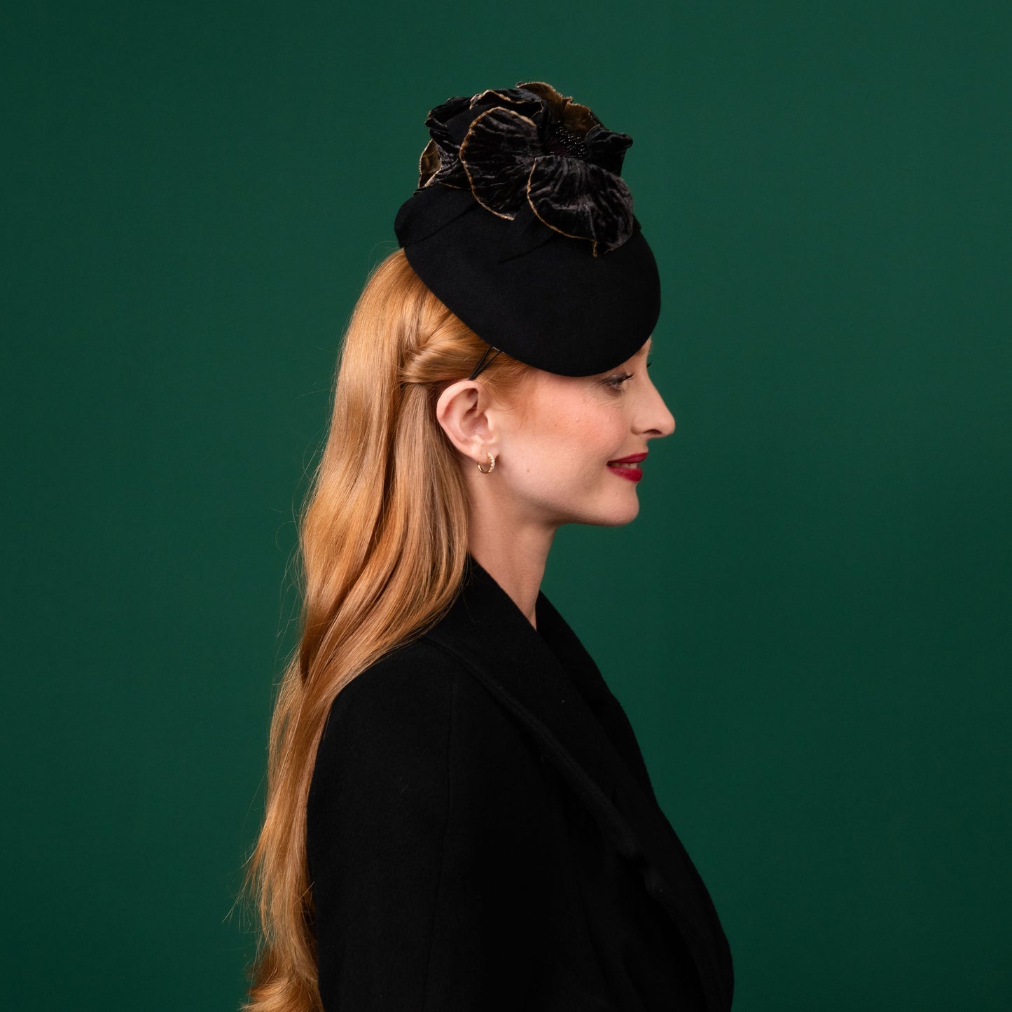 McLean Black Felt Beret with Black and Gold Velvet Flowers Winter Racewear Headpiece