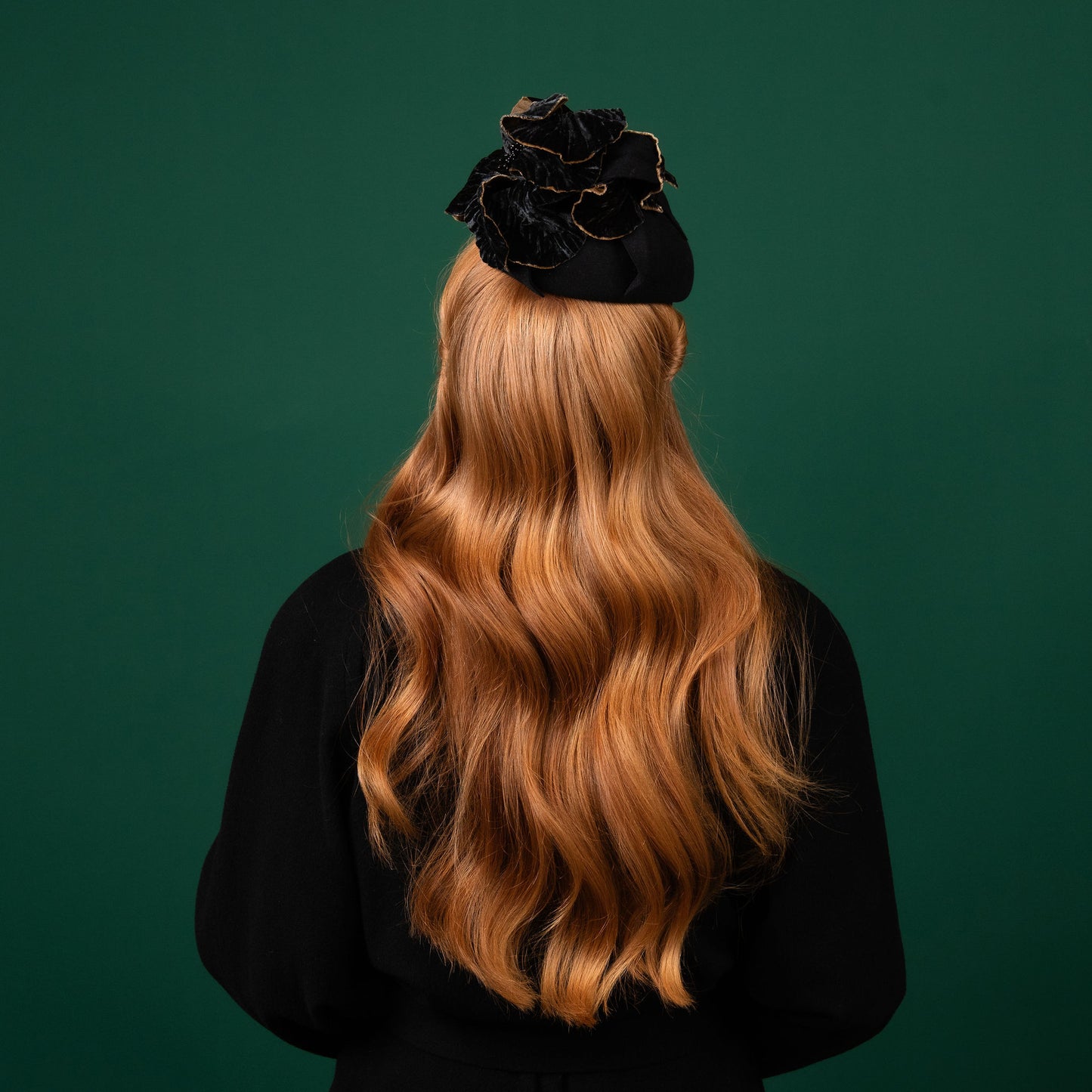 McLean Black Felt Beret with Black and Gold Velvet Flowers Winter Racewear Headpiece