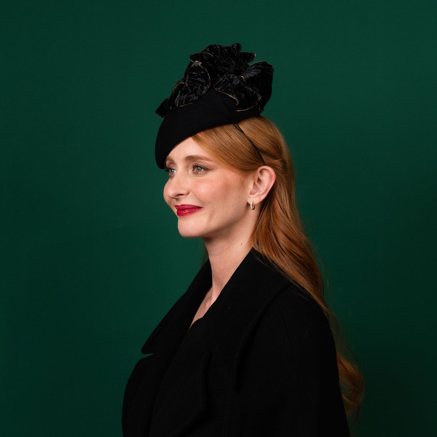 McLean Black Felt Beret with Black and Gold Velvet Flowers Winter Racewear Headpiece