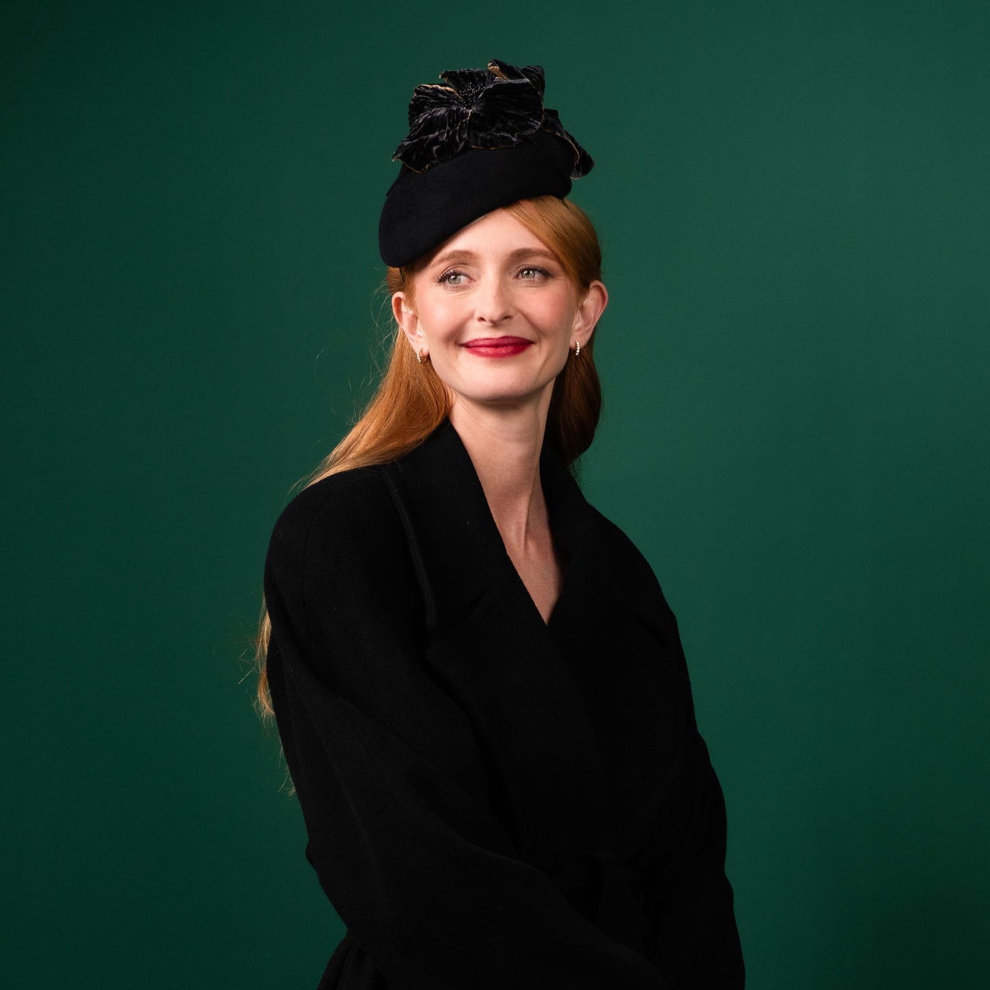 McLean Black Felt Beret with Black and Gold Velvet Flowers Winter Racewear Headpiece