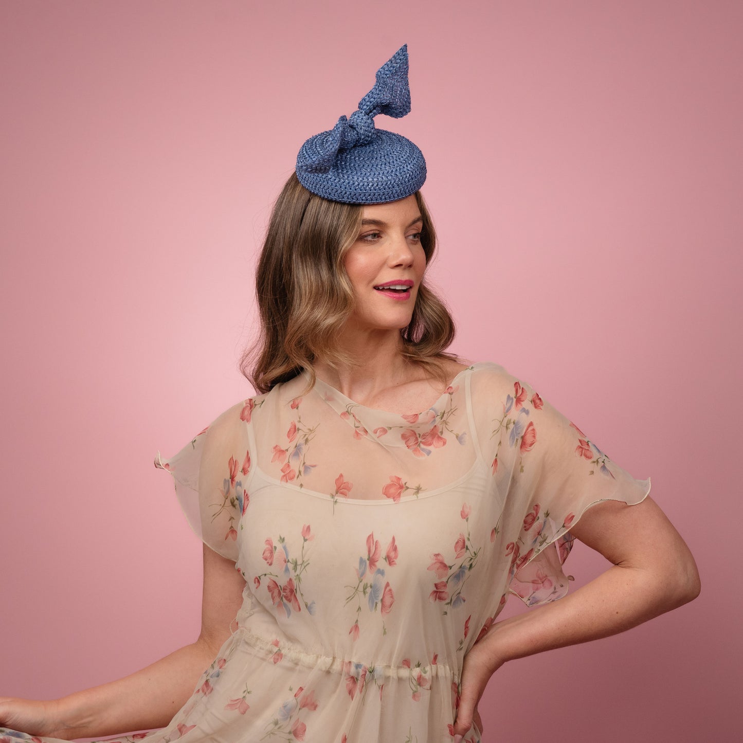 Michelle Beret with knot trim in Blue Braid Spring Racewear Headpiece