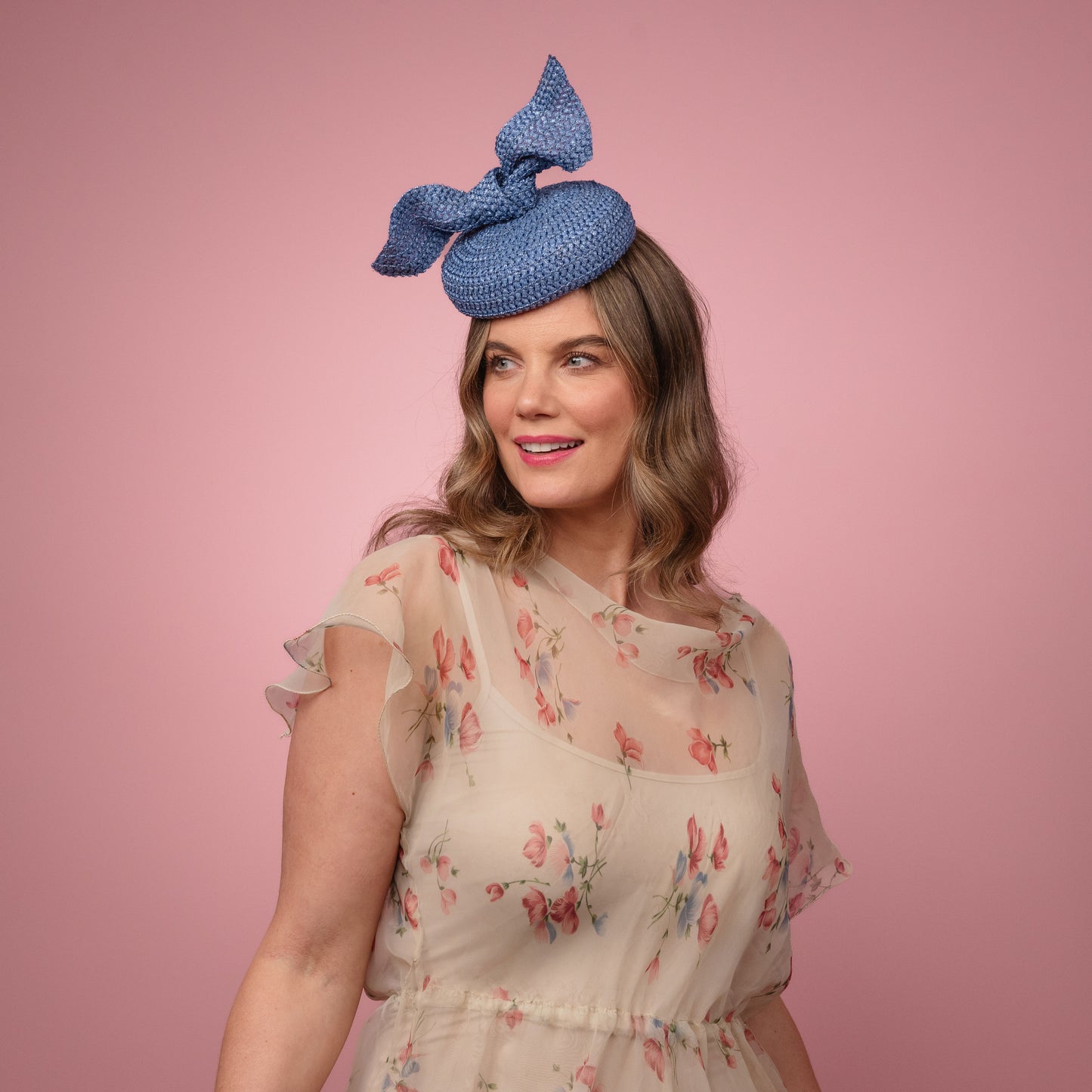 Michelle Beret with knot trim in Blue Braid Spring Racewear Headpiece