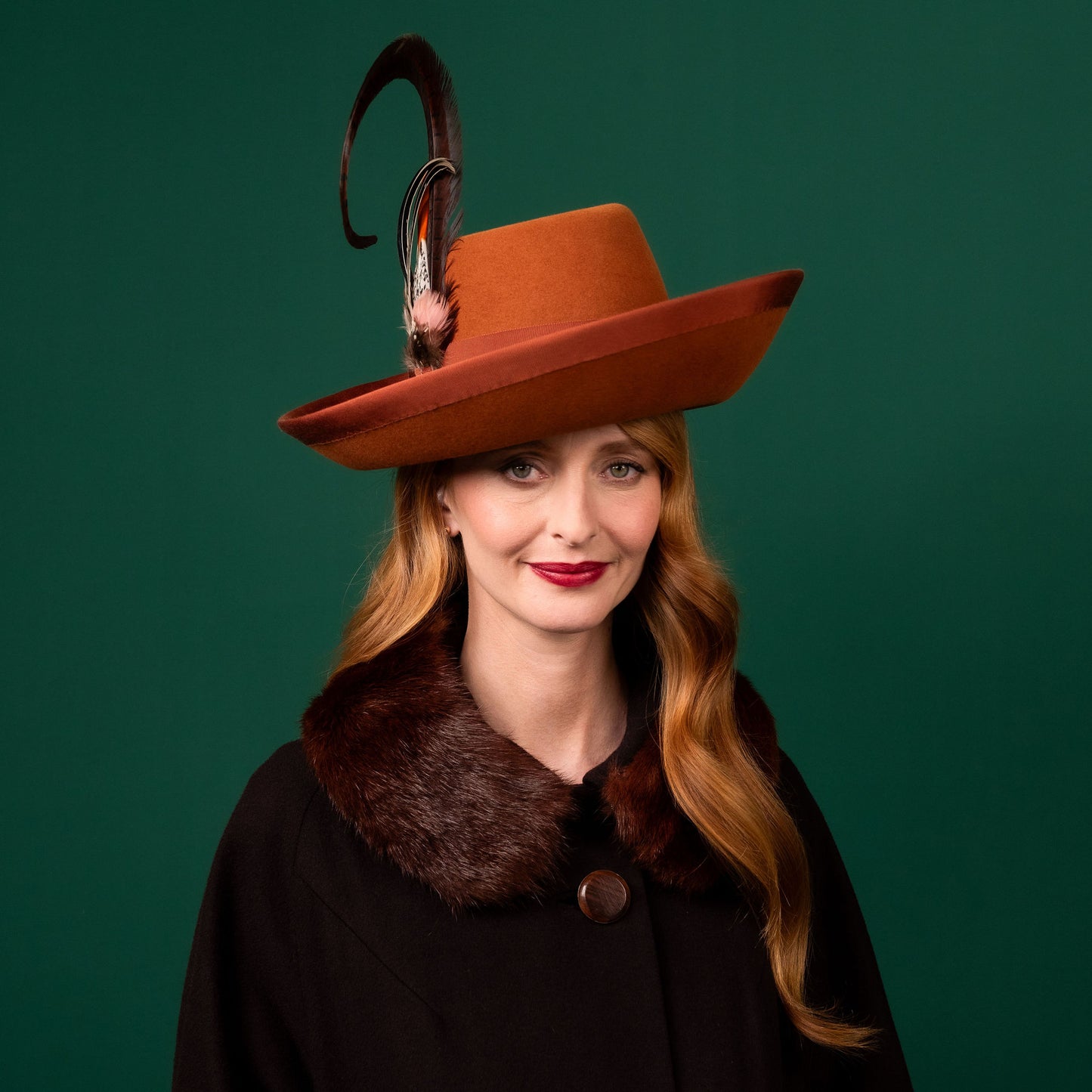 Mila Upturned Brimmed Felt Hat in Carmel with Feather Trim Winter Racewear Hat