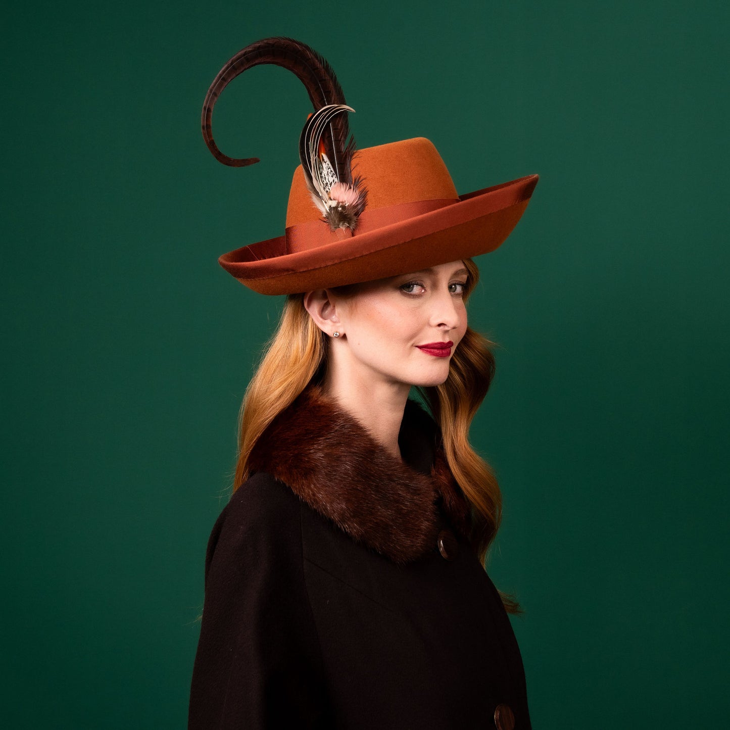 Mila Upturned Brimmed Felt Hat in Carmel with Feather Trim Winter Racewear Hat