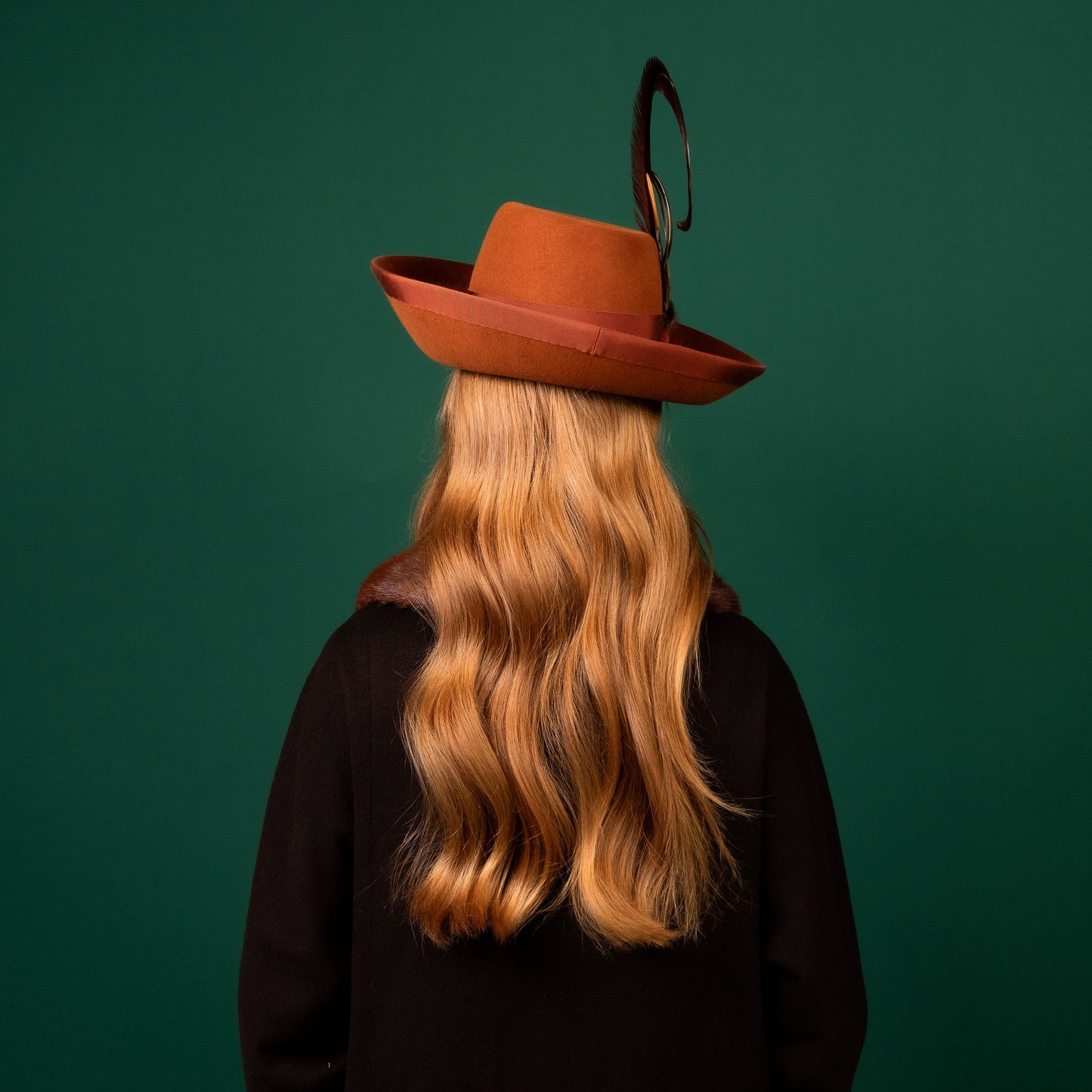 Mila Upturned Brimmed Felt Hat in Carmel with Feather Trim Winter Racewear Hat