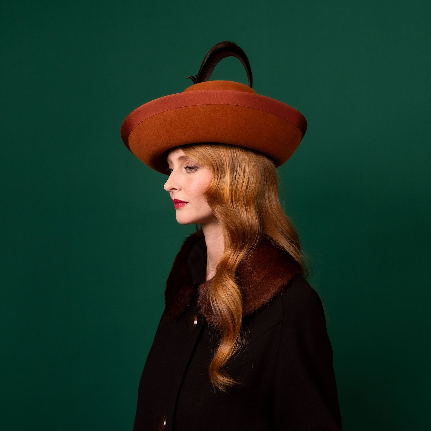 Mila Upturned Brimmed Felt Hat in Carmel with Feather Trim Winter Racewear Hat