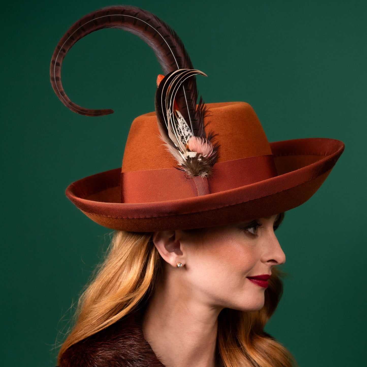 Mila Upturned Brimmed Felt Hat in Carmel with Feather Trim Winter Racewear Hat