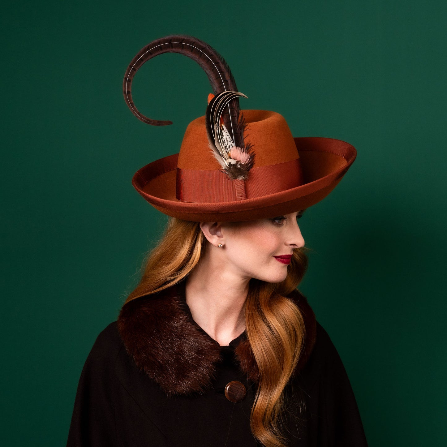 Mila Upturned Brimmed Felt Hat in Carmel with Feather Trim Winter Racewear Hat