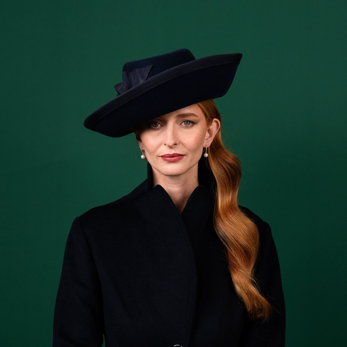 Mila Upturned Brimmed Felt Hat in Navy with Knotted Petersham Trim Winter Racewear Hat