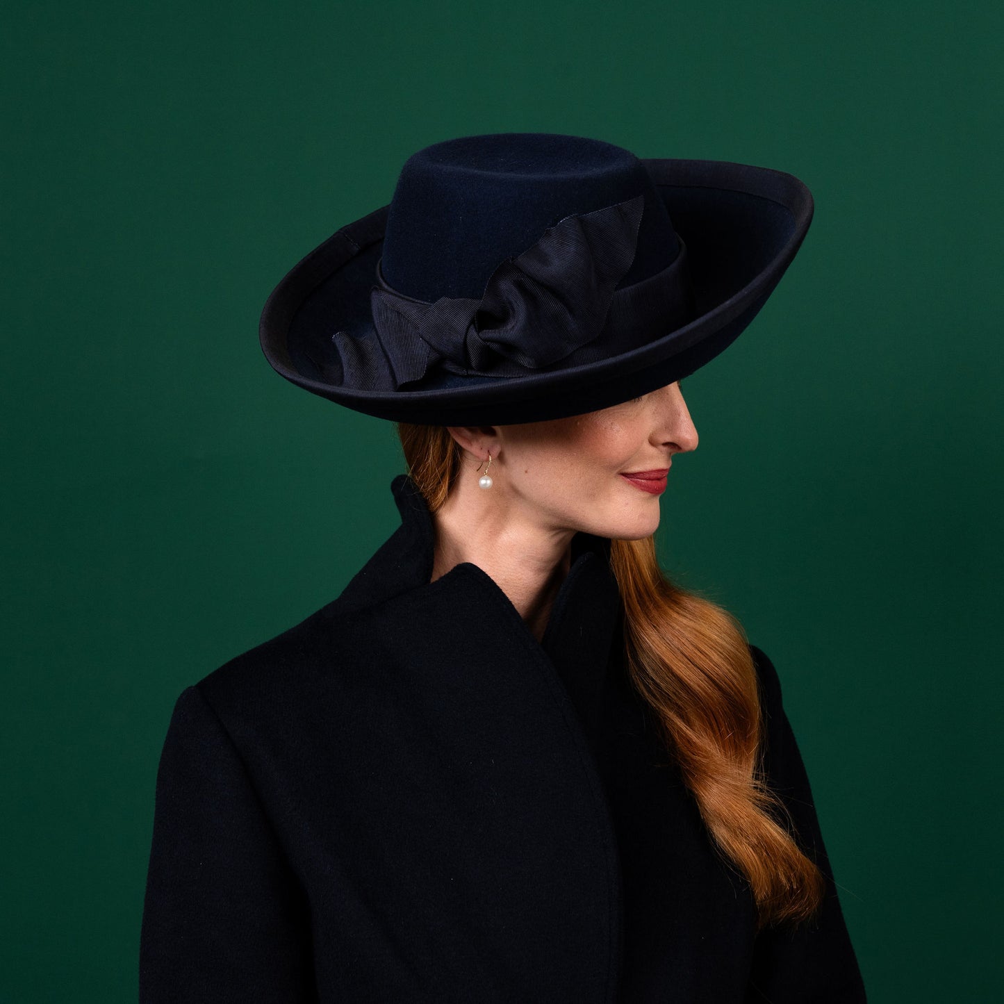 Mila Upturned Brimmed Felt Hat in Navy with Knotted Petersham Trim Winter Racewear Hat