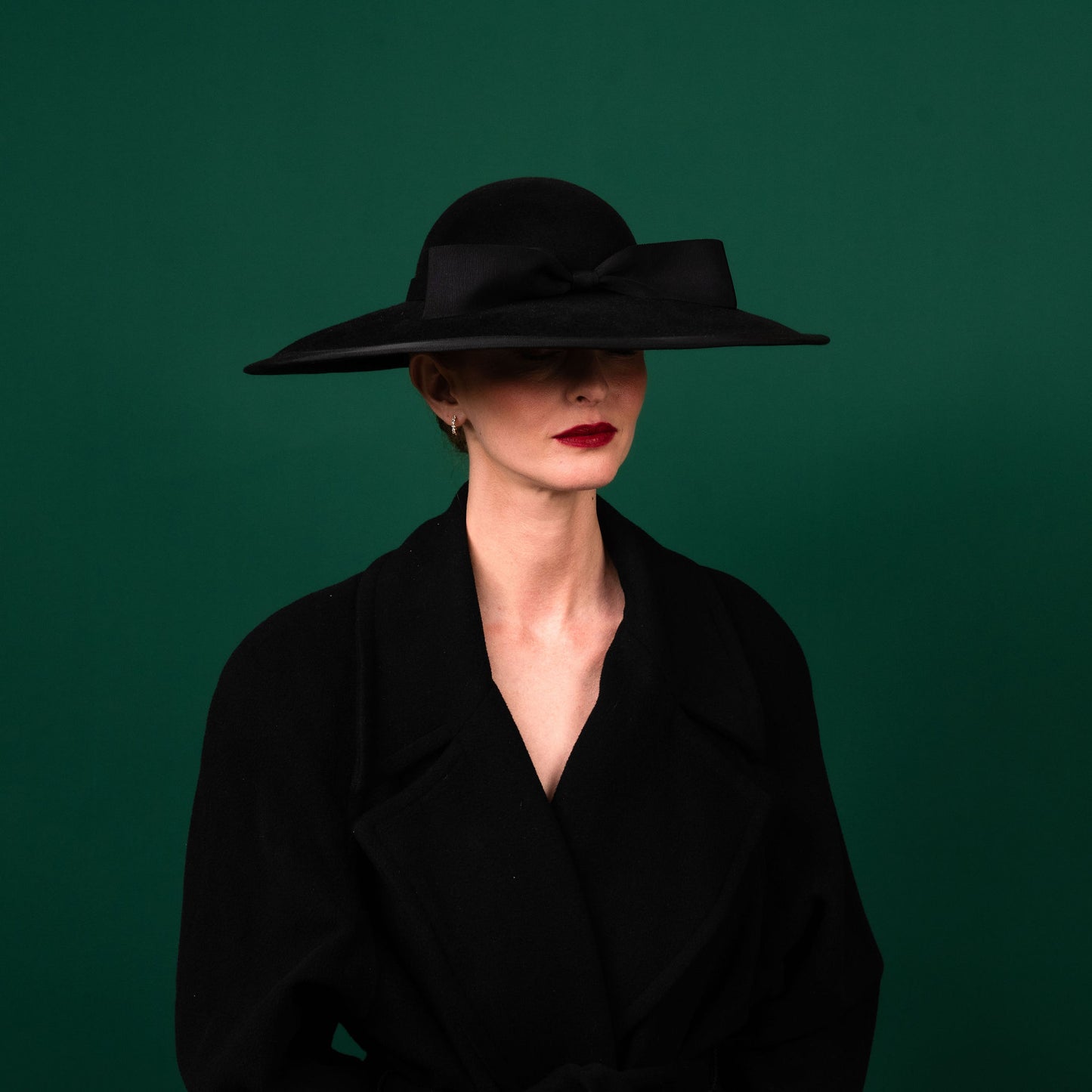 Moloney Black Felt Downturned Dior Brim Hat with Round Crown trimmed petersham bow Winter Racewear Hat