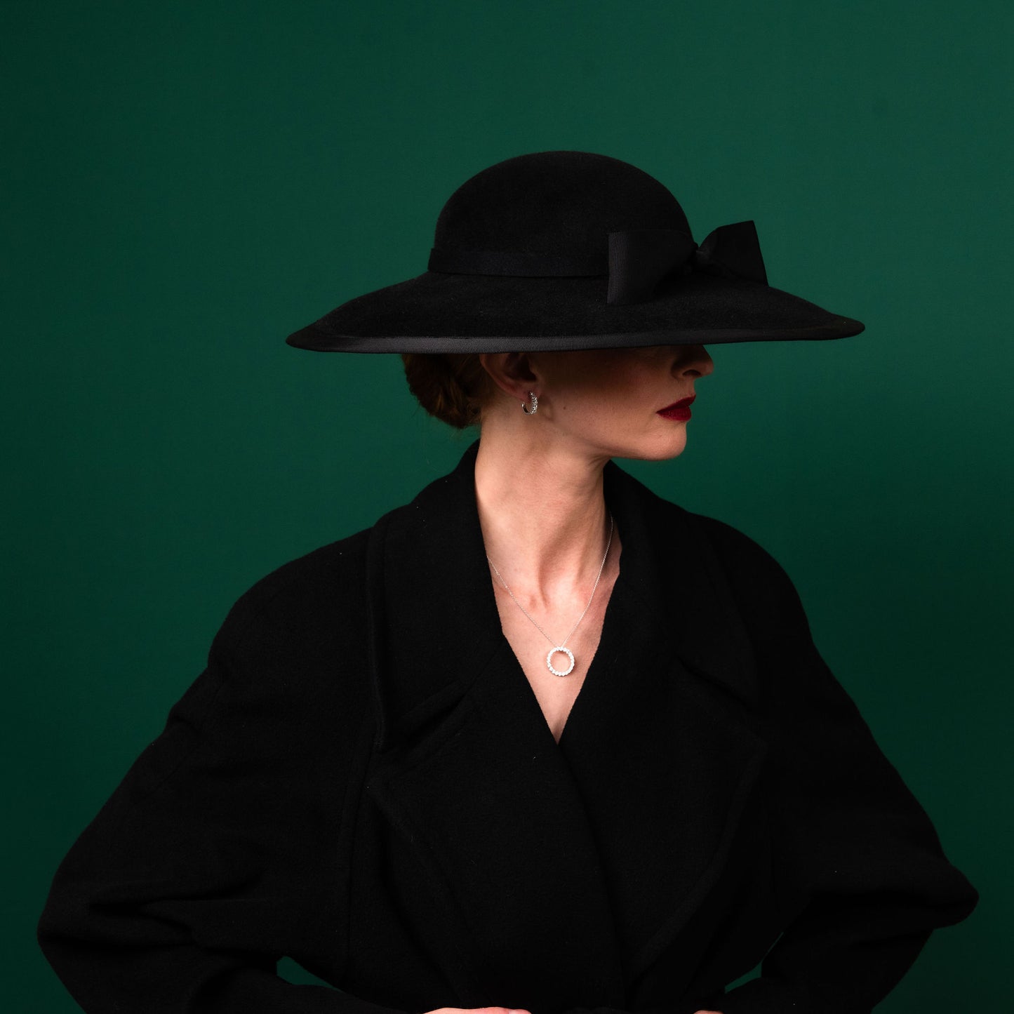 Moloney Black Felt Downturned Dior Brim Hat with Round Crown trimmed petersham bow Winter Racewear Hat