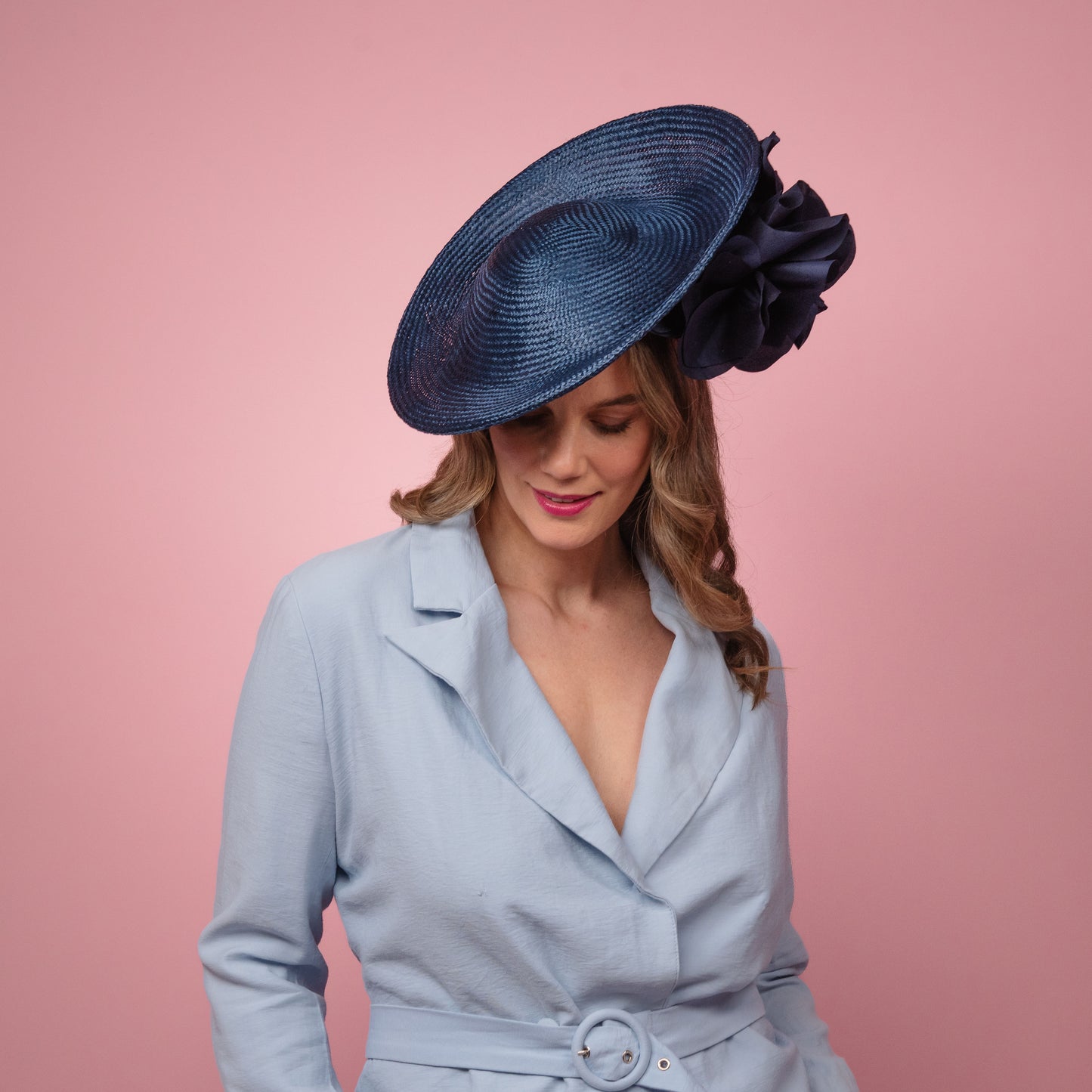 Monique Saucer in Textured Straw Silk Poppy Flower Trim in Navy Spring Racewear Headpiece