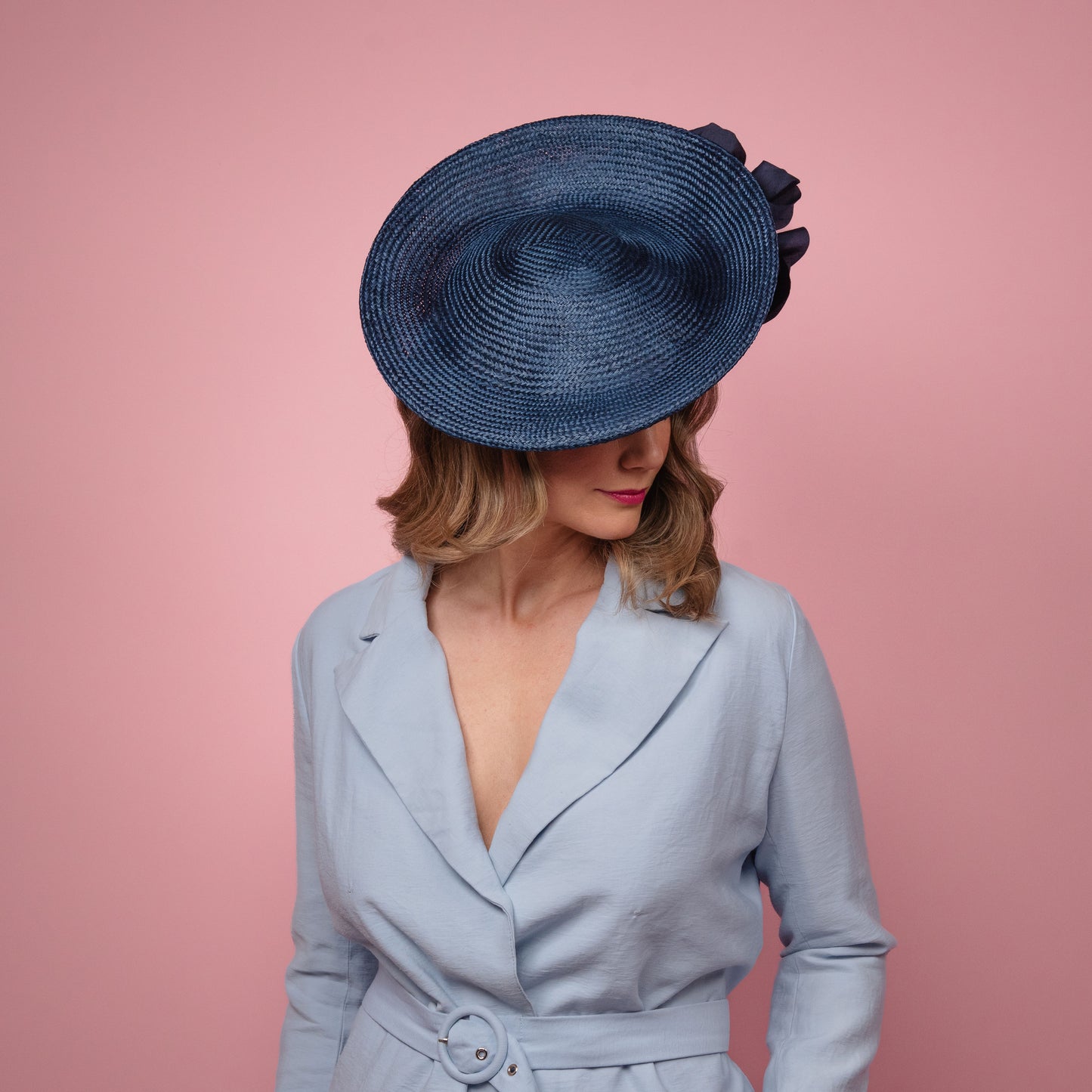 Monique Saucer in Textured Straw Silk Poppy Flower Trim in Navy Spring Racewear Headpiece