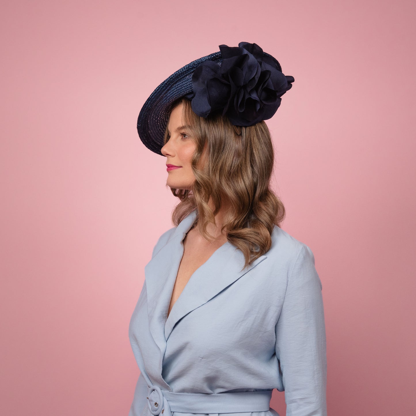 Monique Saucer in Textured Straw Silk Poppy Flower Trim in Navy Spring Racewear Headpiece