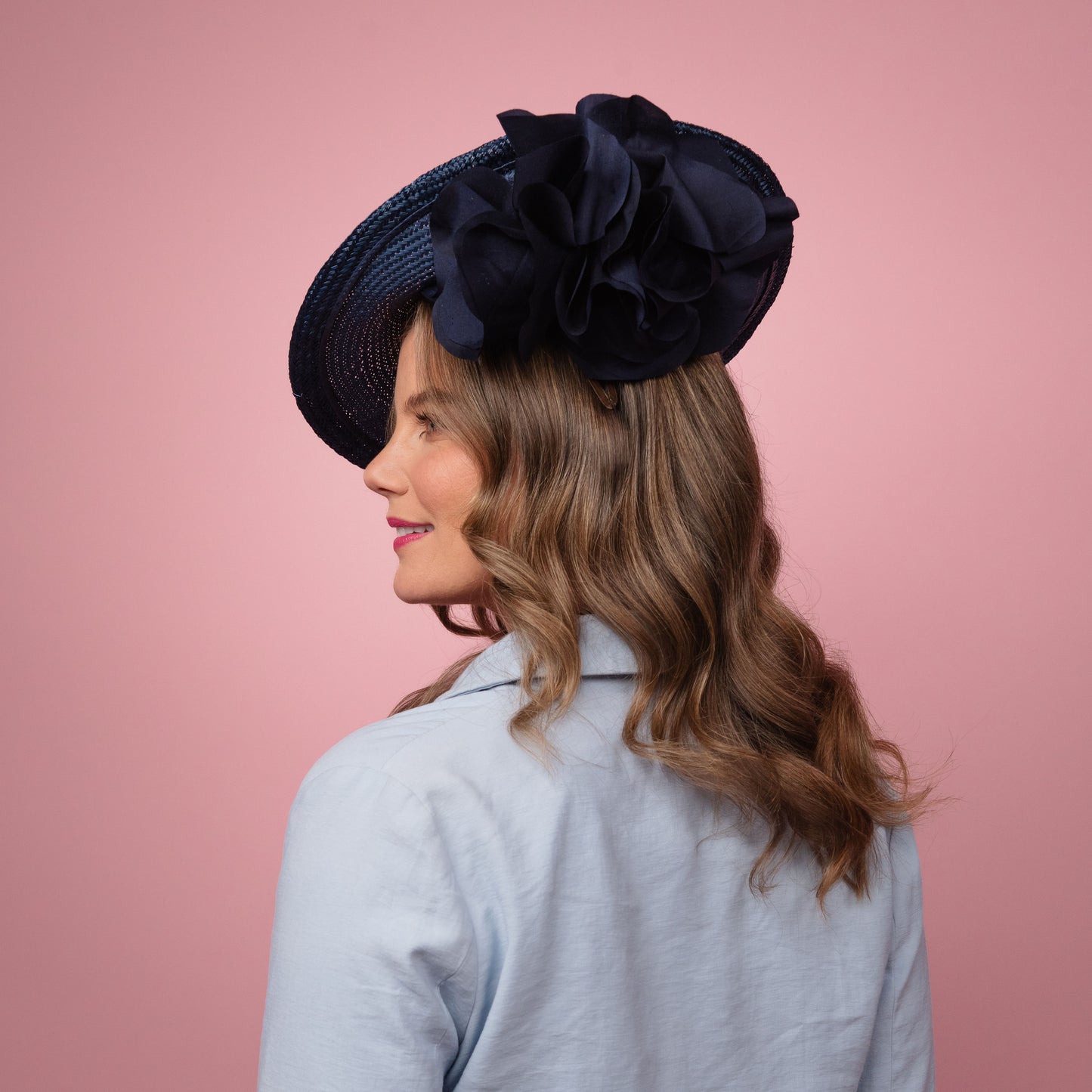 Monique Saucer in Textured Straw Silk Poppy Flower Trim in Navy Spring Racewear Headpiece