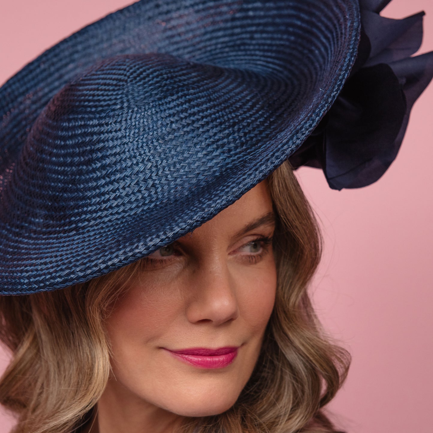 Monique Saucer in Textured Straw Silk Poppy Flower Trim in Navy Spring Racewear Headpiece