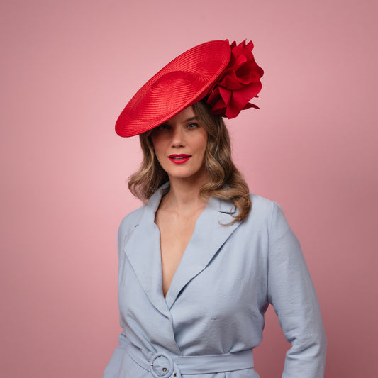 Monique Saucer in Textured Straw Silk Poppy Flower Trim in Red Spring Racewear Headpiece