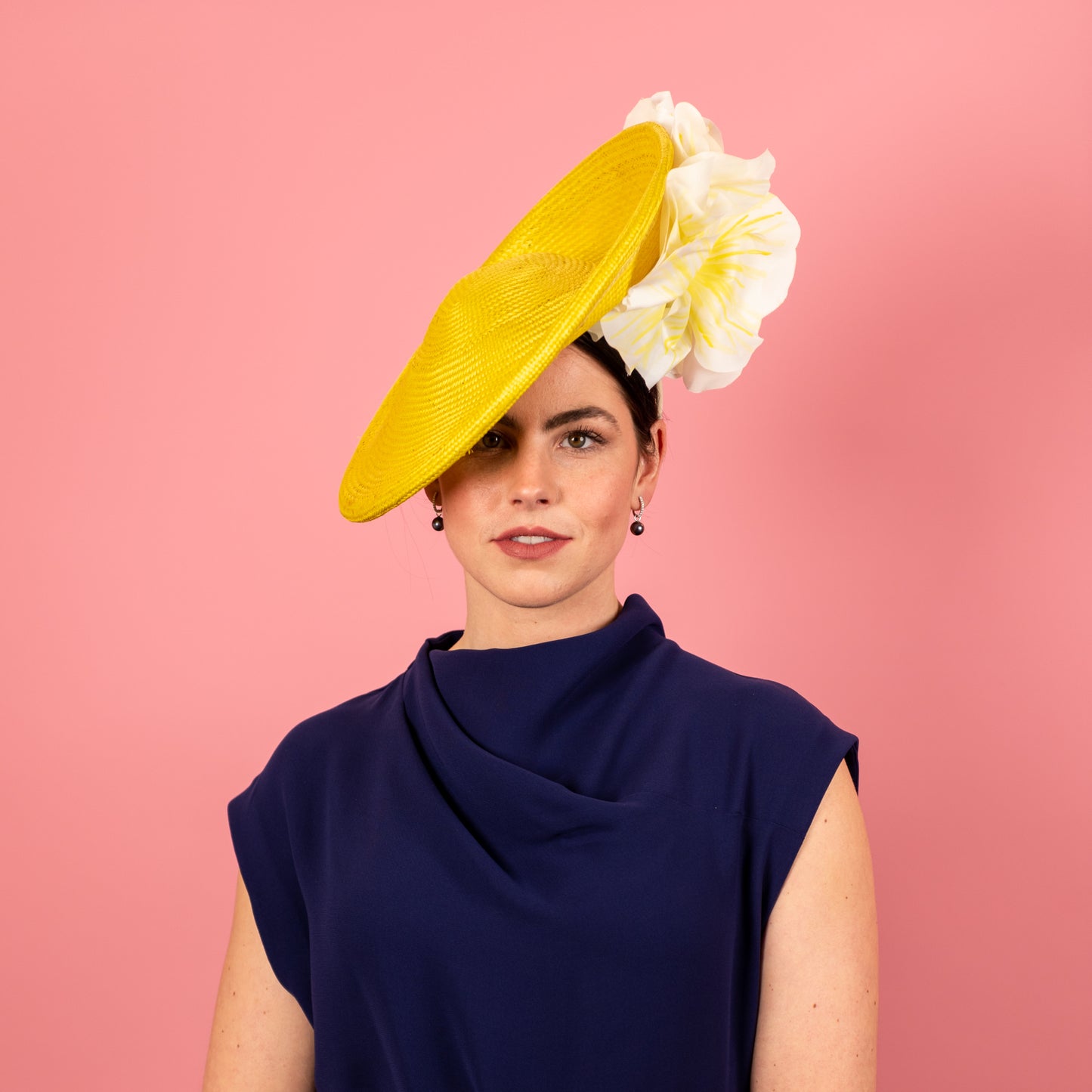 Monique Saucer in Textured Straw Silk Poppy Flower Trim in Yellow