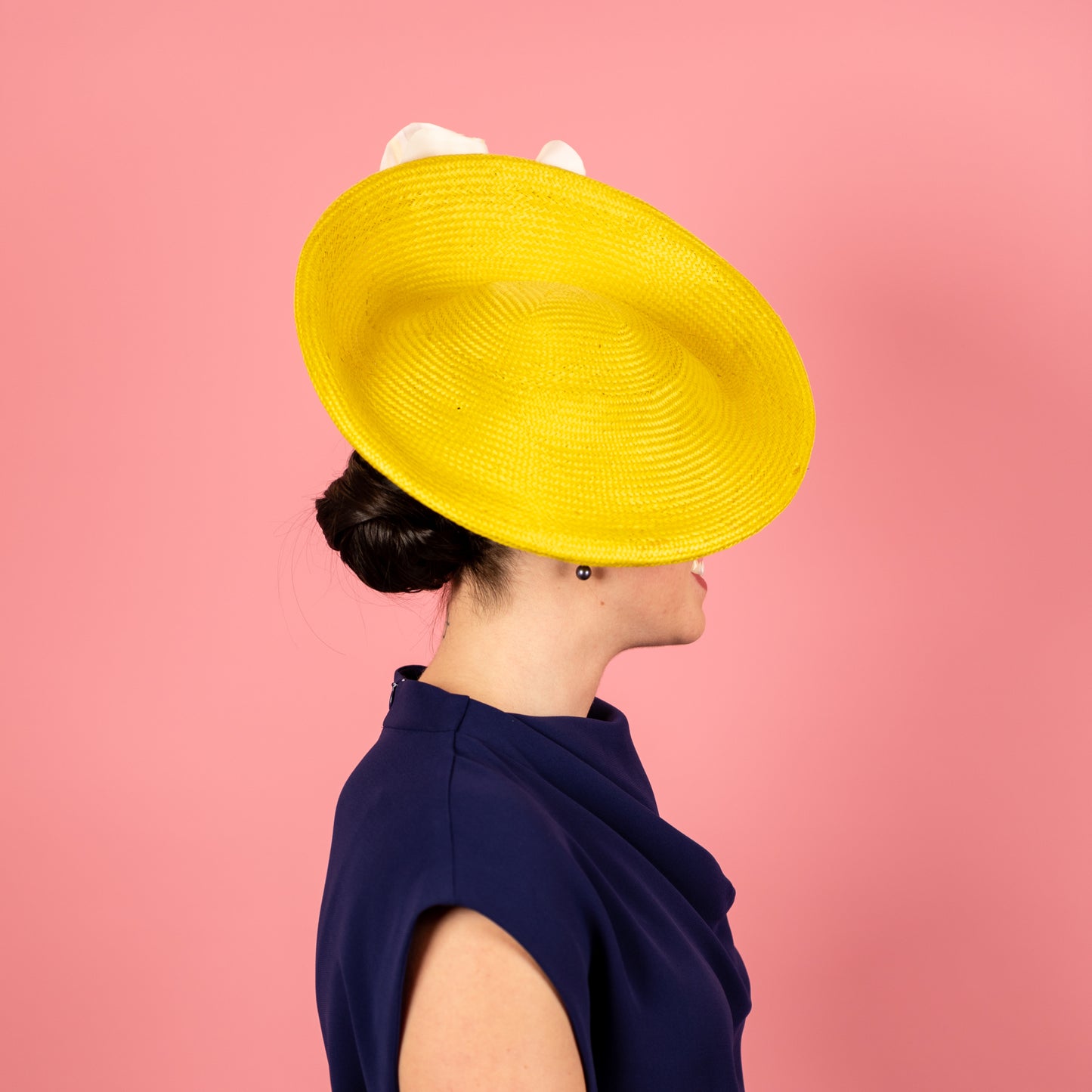 Monique Saucer in Textured Straw Silk Poppy Flower Trim in Yellow