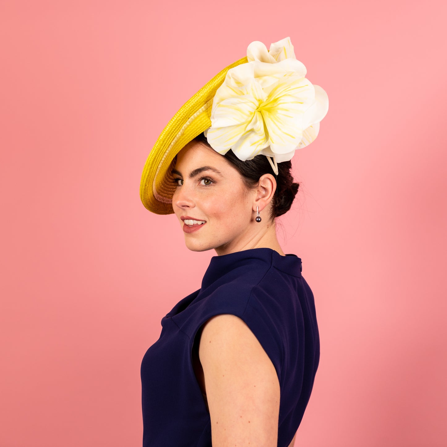 Monique Saucer in Textured Straw Silk Poppy Flower Trim in Yellow