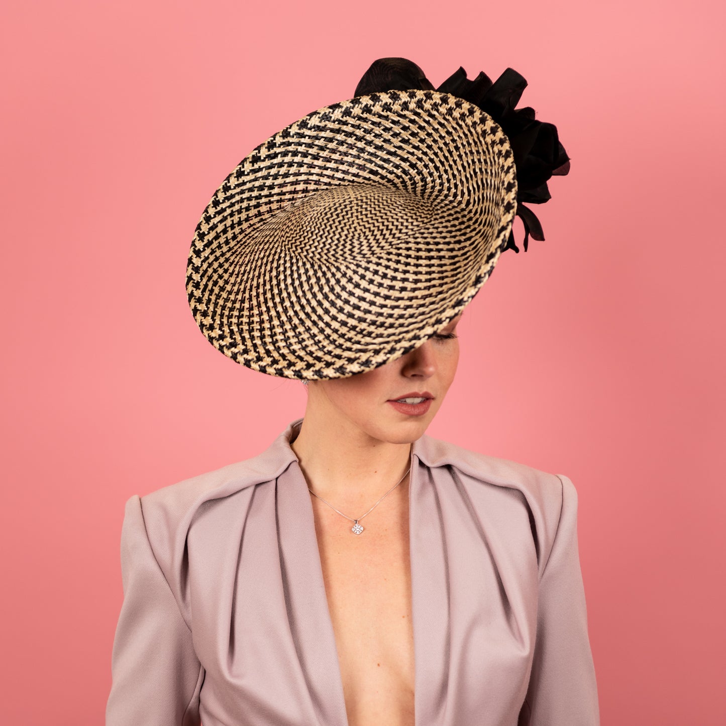 Monique Saucer in Textured Straw Silk Poppy Flower Trim in Black and White