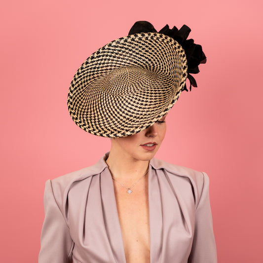 Monique Saucer in Textured Straw Silk Poppy Flower Trim in Black and White