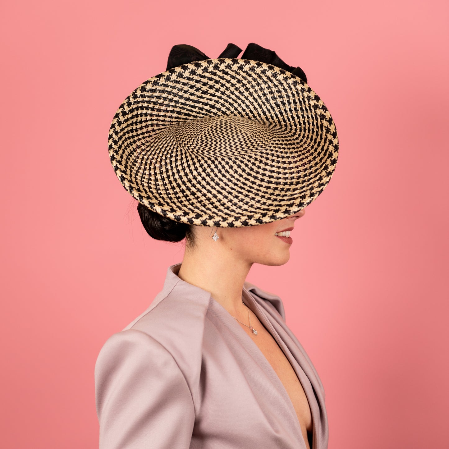 Monique Saucer in Textured Straw Silk Poppy Flower Trim in Black and White