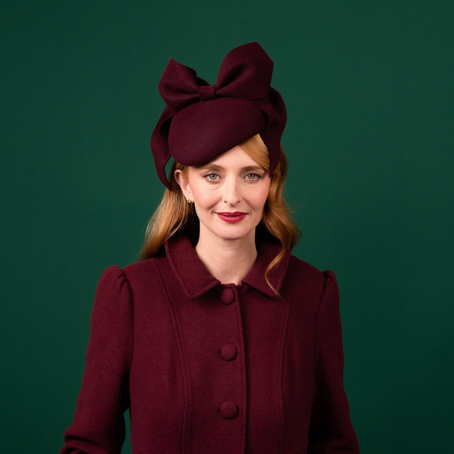 O'Malley Maroon Felt Beret with Draped Bow Trim Winter Racewear Headpiece