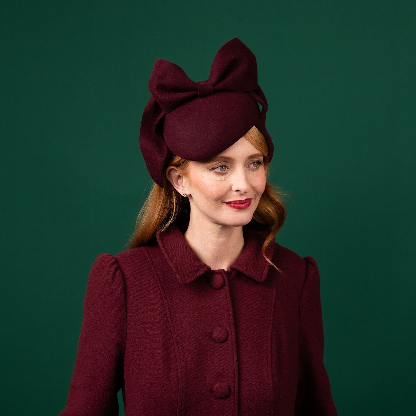 O'Malley Maroon Felt Beret with Draped Bow Trim Winter Racewear Headpiece