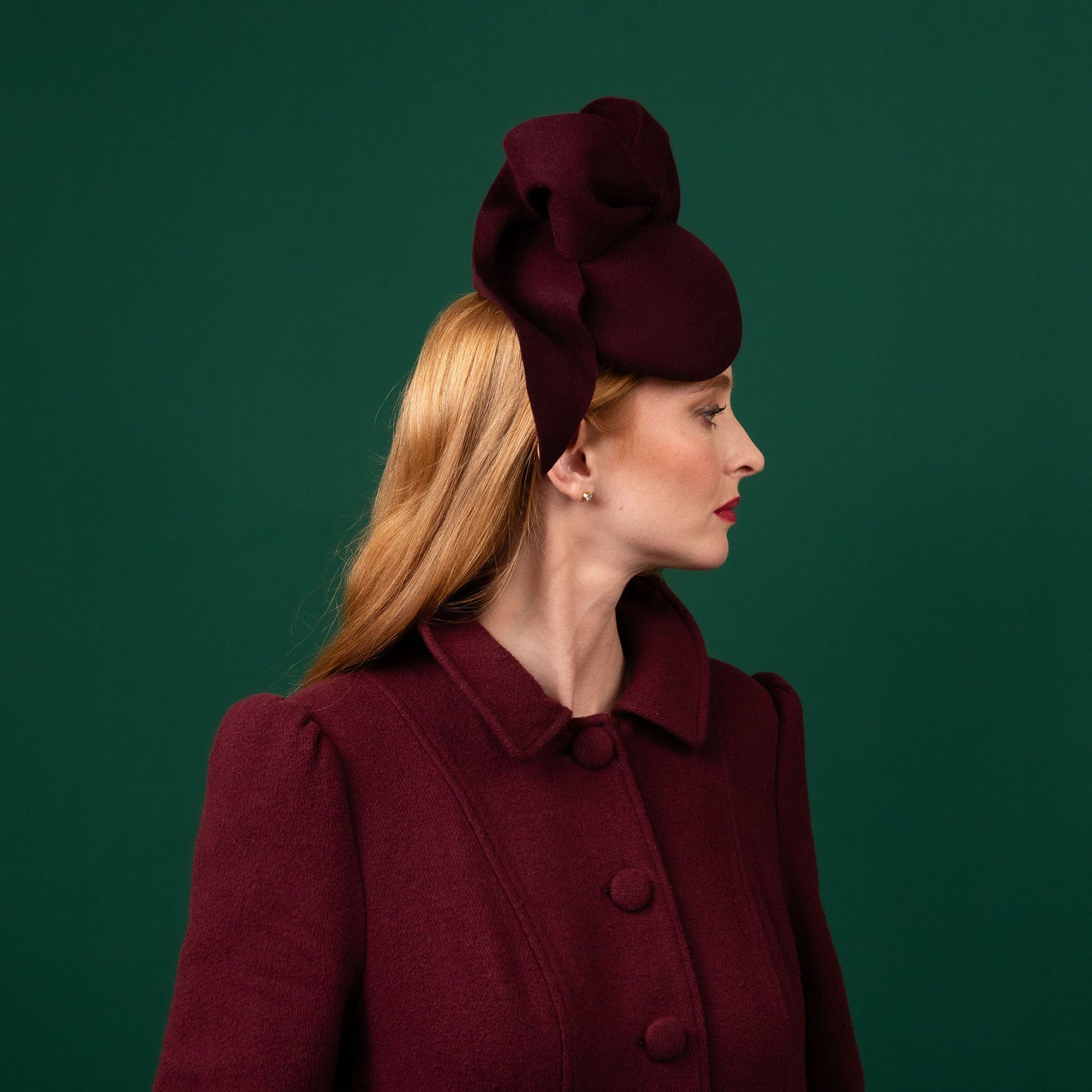 O'Malley Maroon Felt Beret with Draped Bow Trim Winter Racewear Headpiece