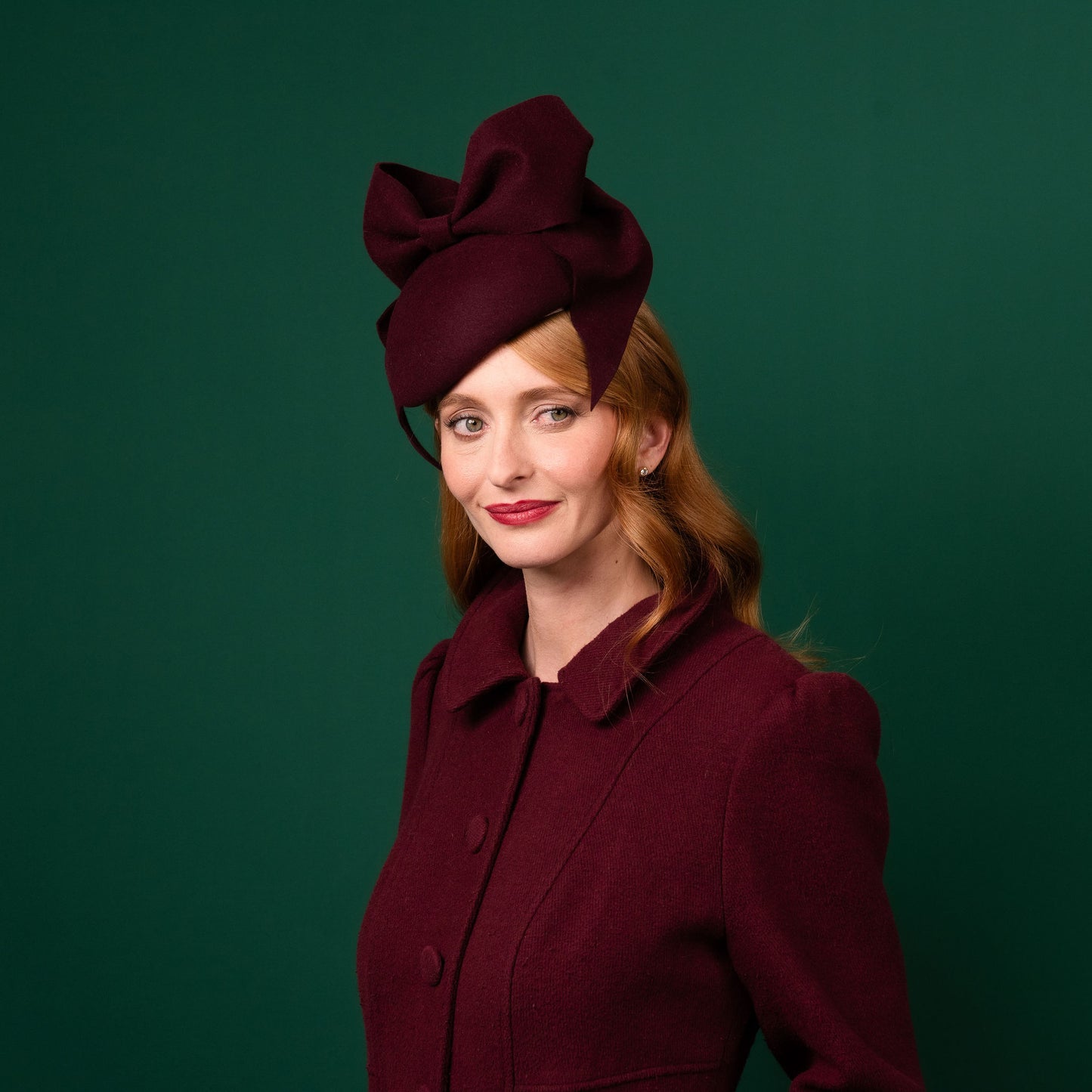 O'Malley Maroon Felt Beret with Draped Bow Trim Winter Racewear Headpiece