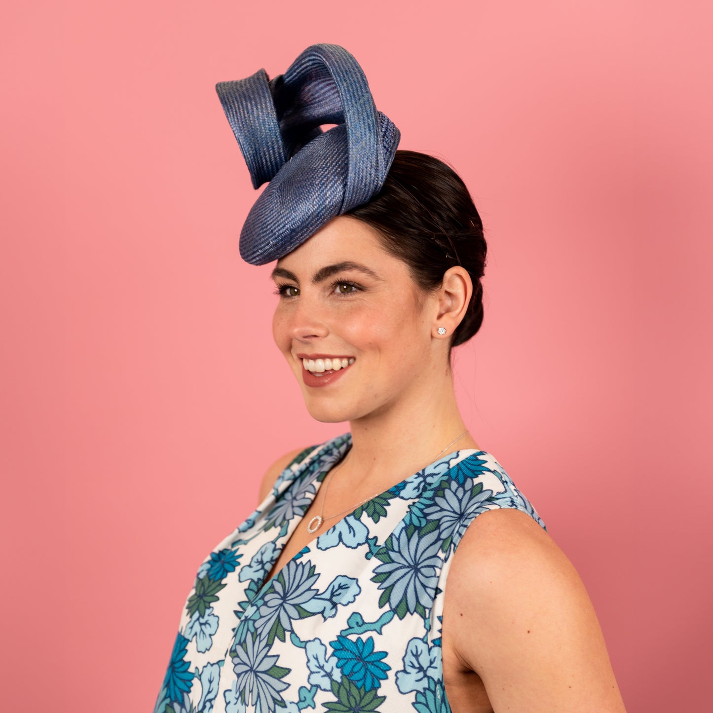 Odessa button with Draped Straw Trim in Blue