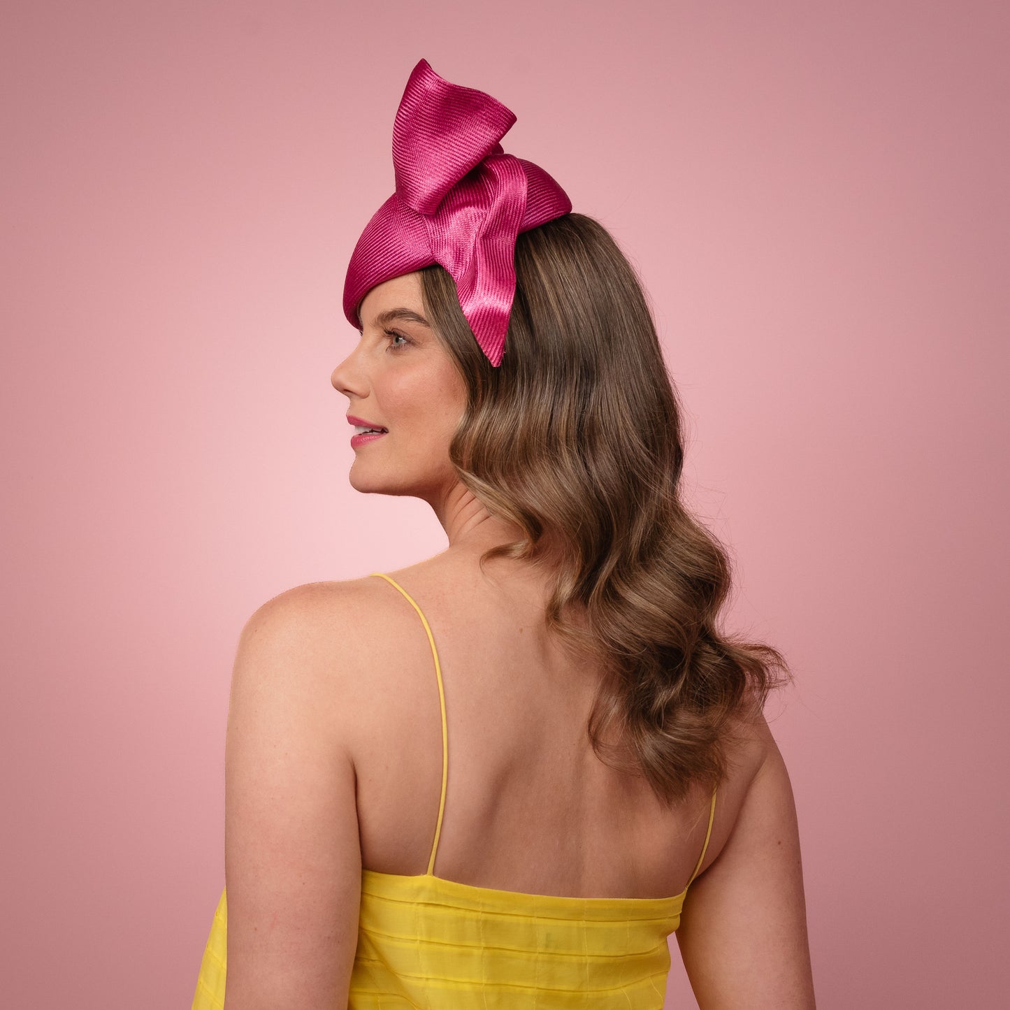Ovens Straw Beret with Draped Bow in Magenta Pink Spring Racewear Headpiece