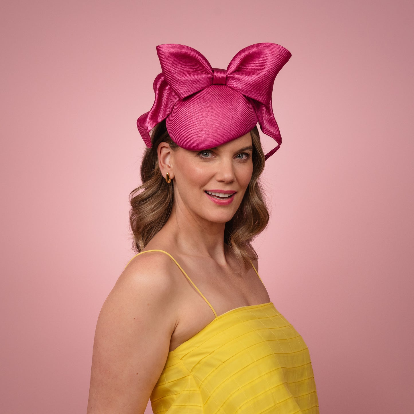 Ovens Straw Beret with Draped Bow in Magenta Pink Spring Racewear Headpiece