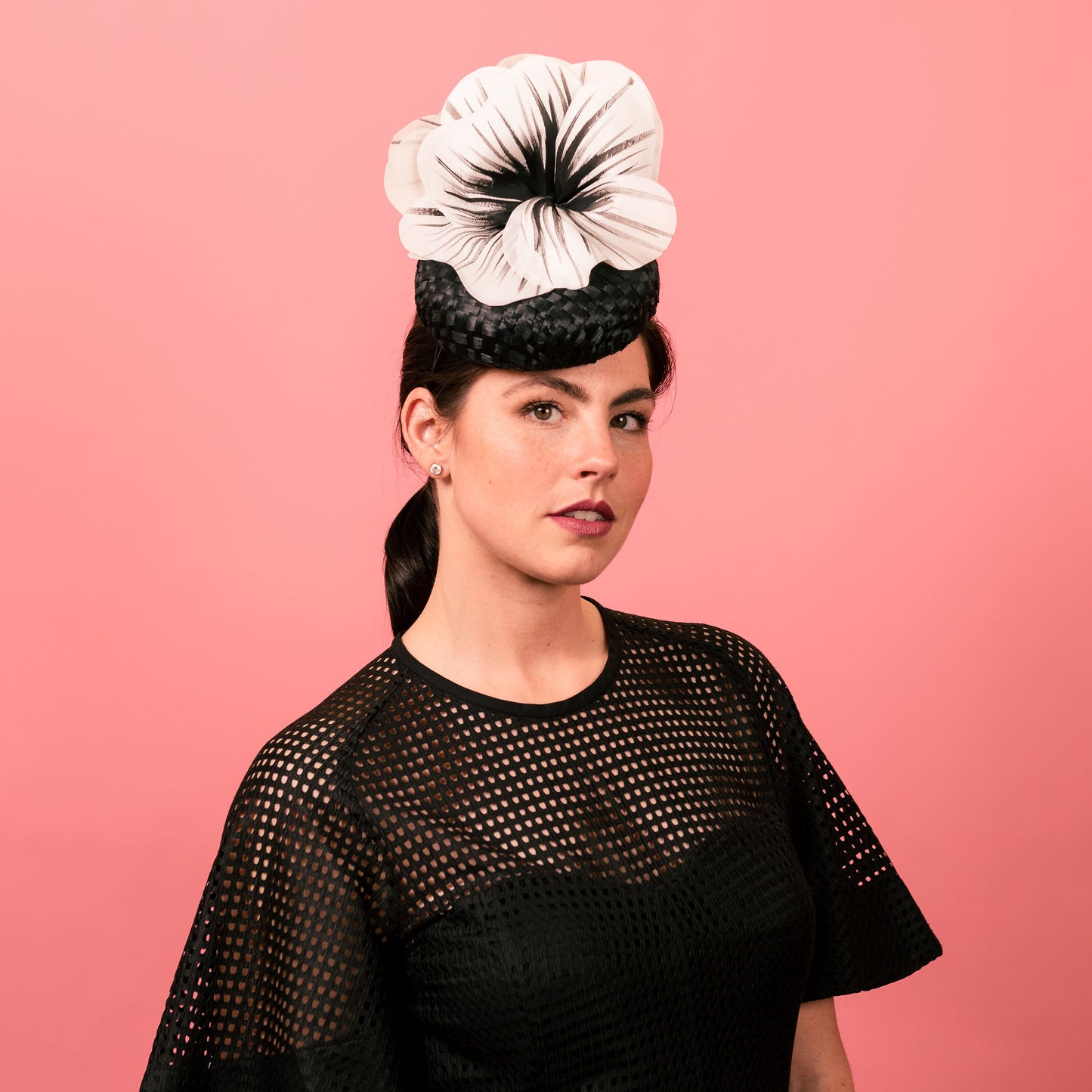 Penelope Button Beret in Straw with Silk Poppy Flowers in Black