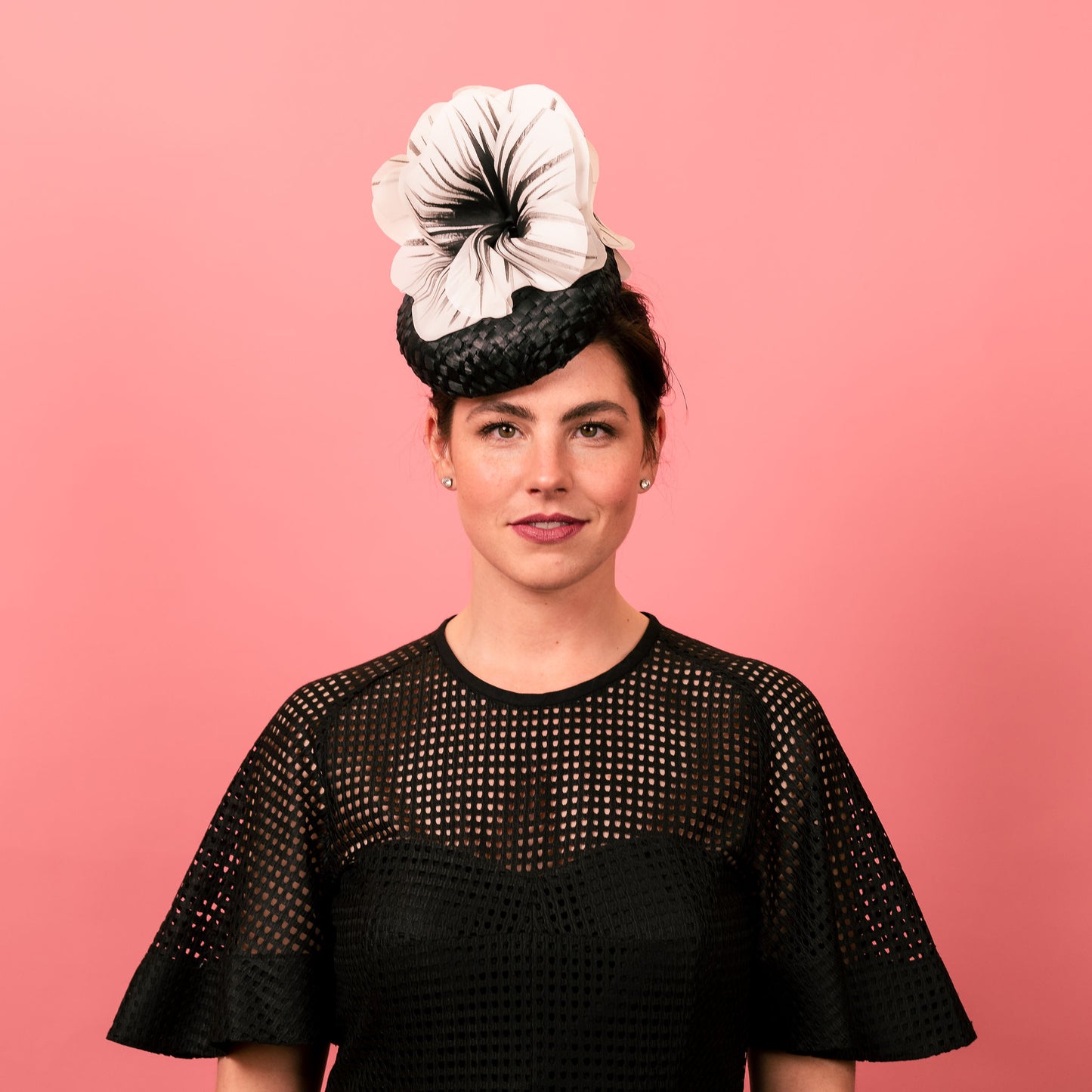 Penelope Button Beret in Straw with Silk Poppy Flowers in Black