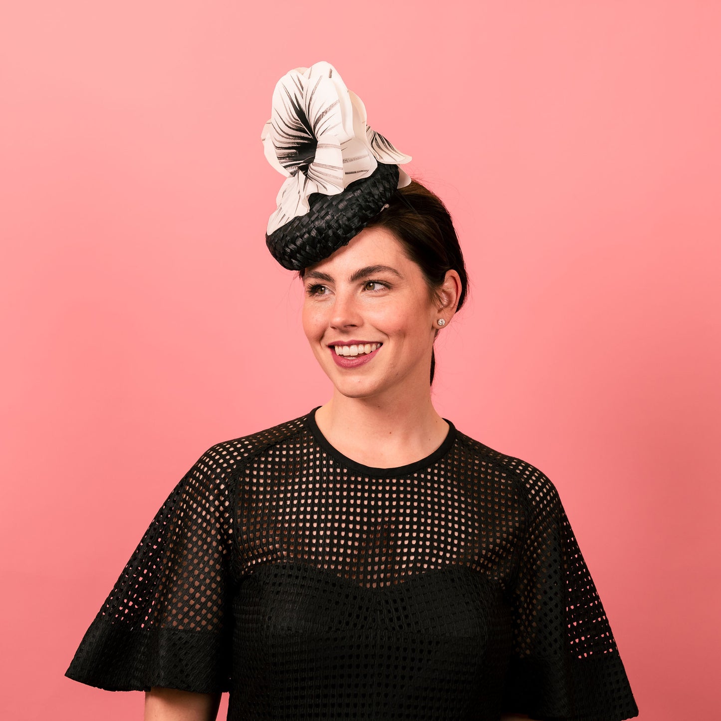 Penelope Button Beret in Straw with Silk Poppy Flowers in Black