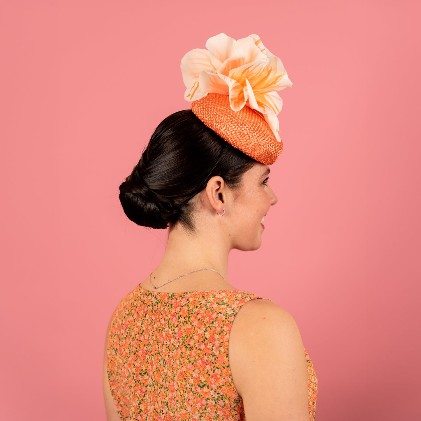 Penelope Button Beret in Straw with Silk Poppy Flowers in Orange